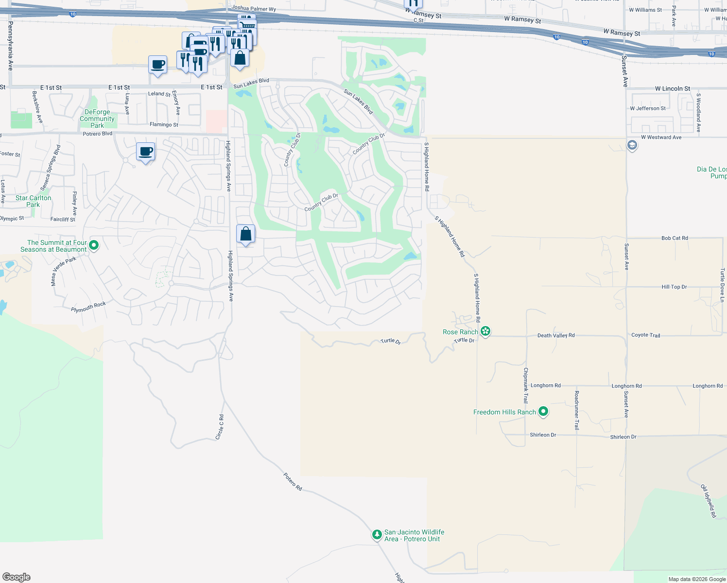 map of restaurants, bars, coffee shops, grocery stores, and more near 2036 Melbourne Circle in Banning