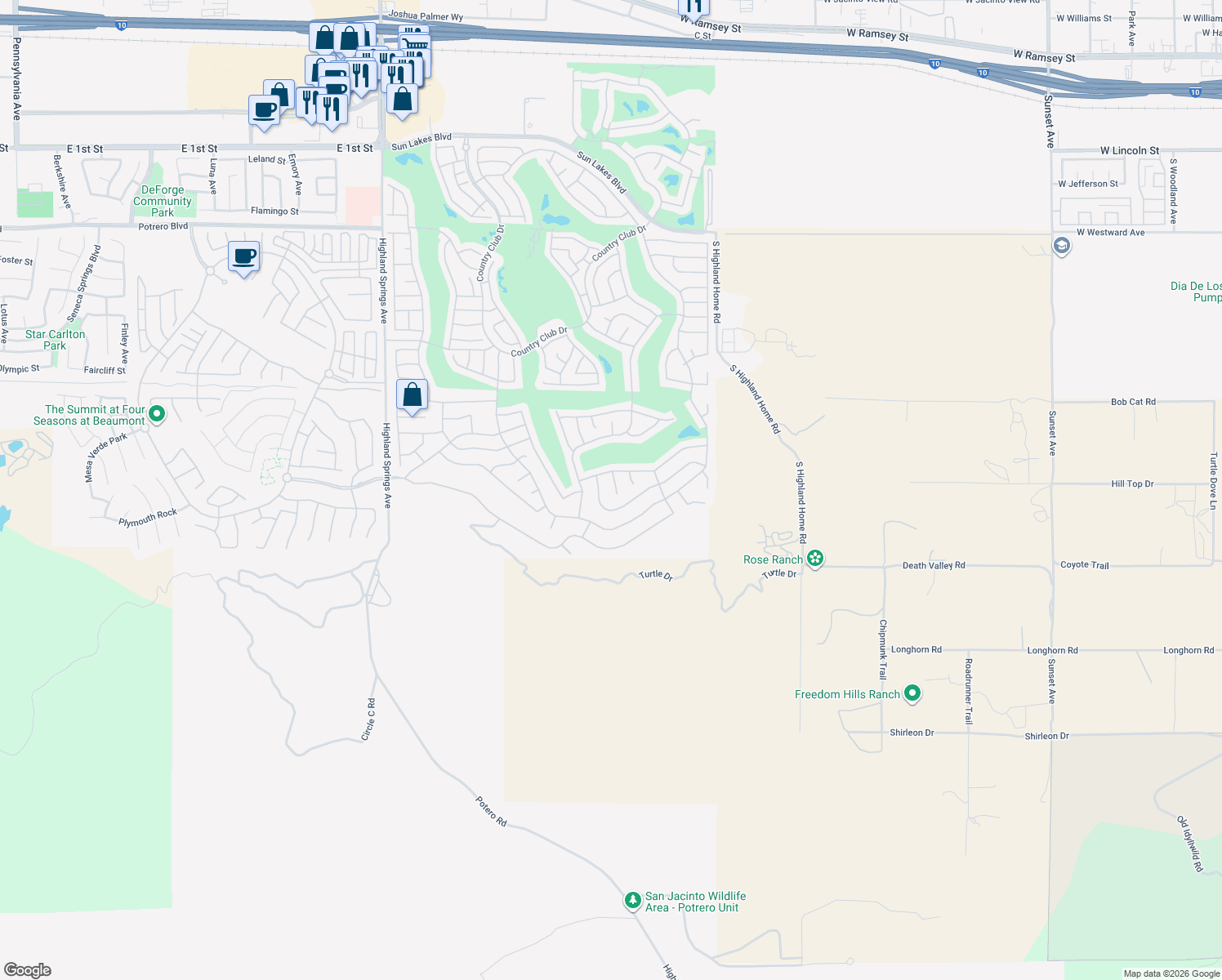map of restaurants, bars, coffee shops, grocery stores, and more near 2036 Melbourne Circle in Banning