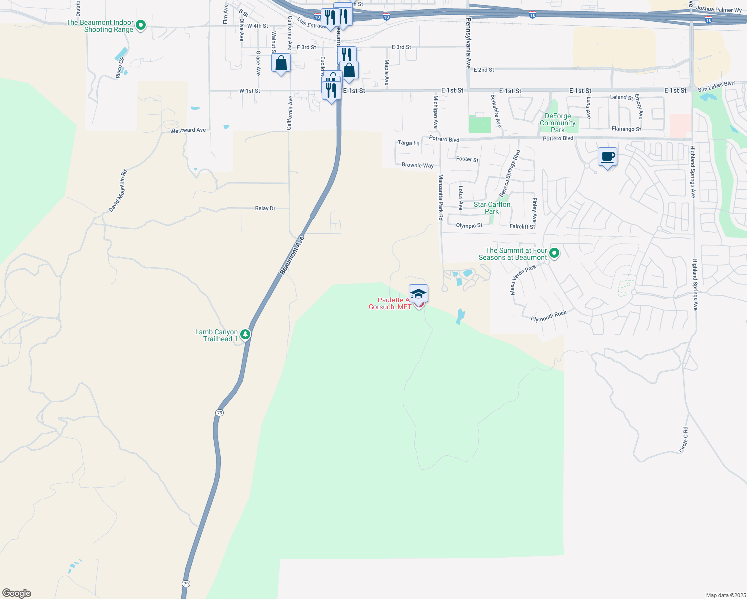 map of restaurants, bars, coffee shops, grocery stores, and more near 14700 Manzanita Park Road in Beaumont