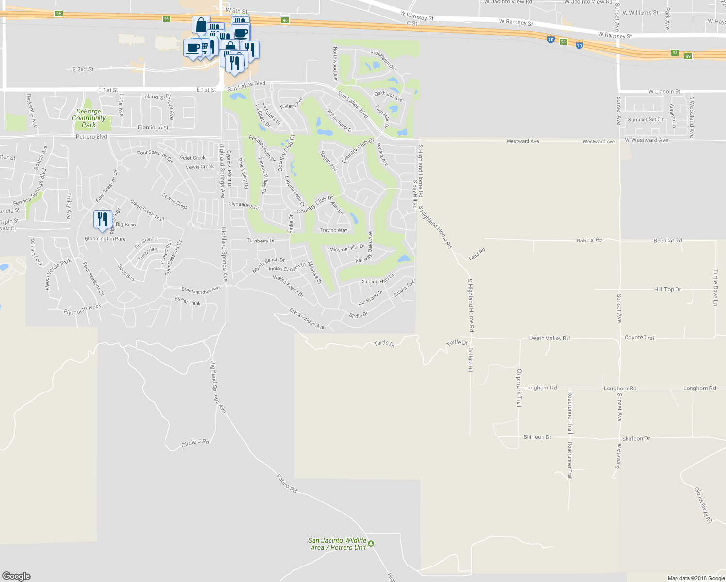 map of restaurants, bars, coffee shops, grocery stores, and more near 2027 Melbourne Circle in Banning
