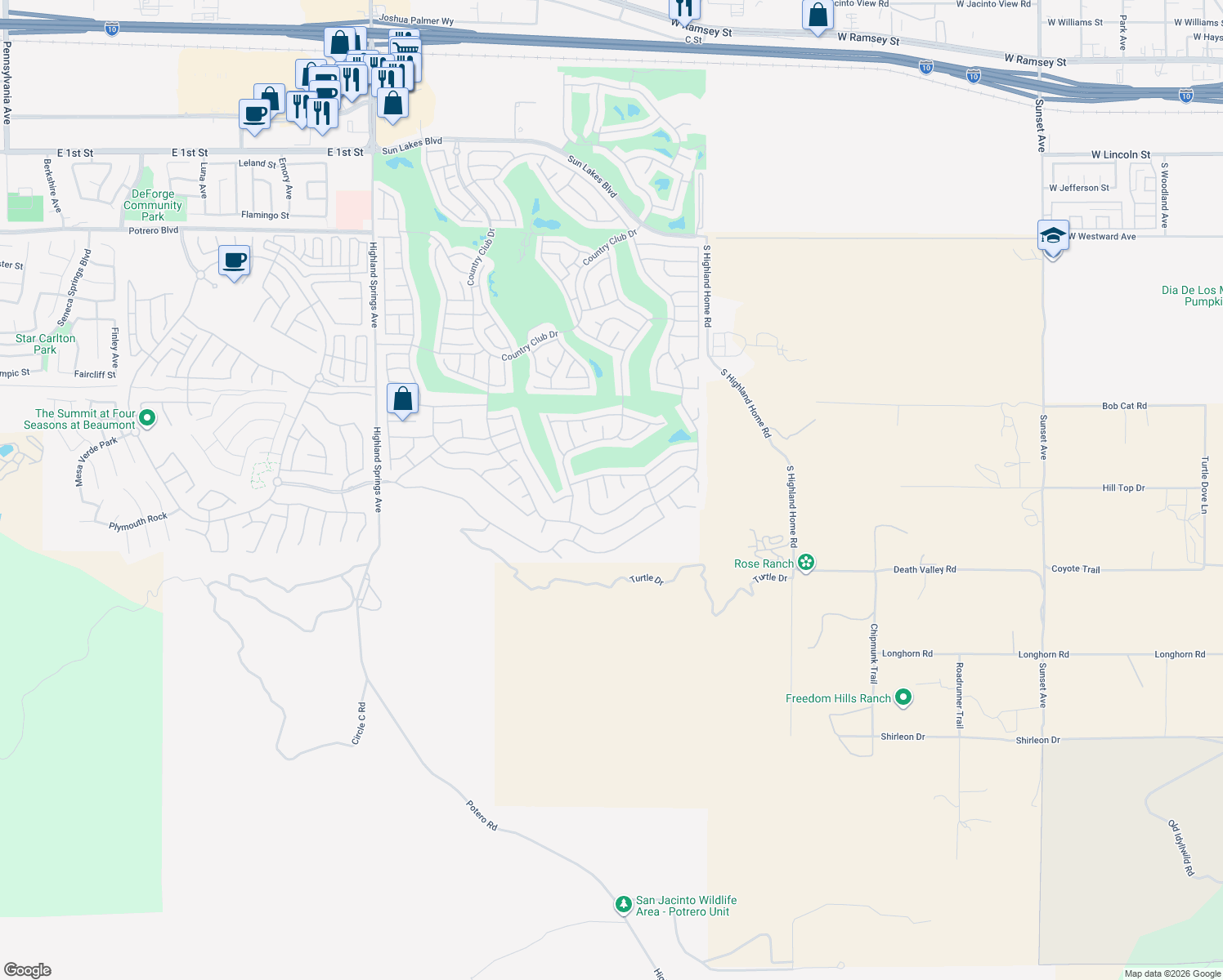 map of restaurants, bars, coffee shops, grocery stores, and more near 2027 Melbourne Circle in Banning
