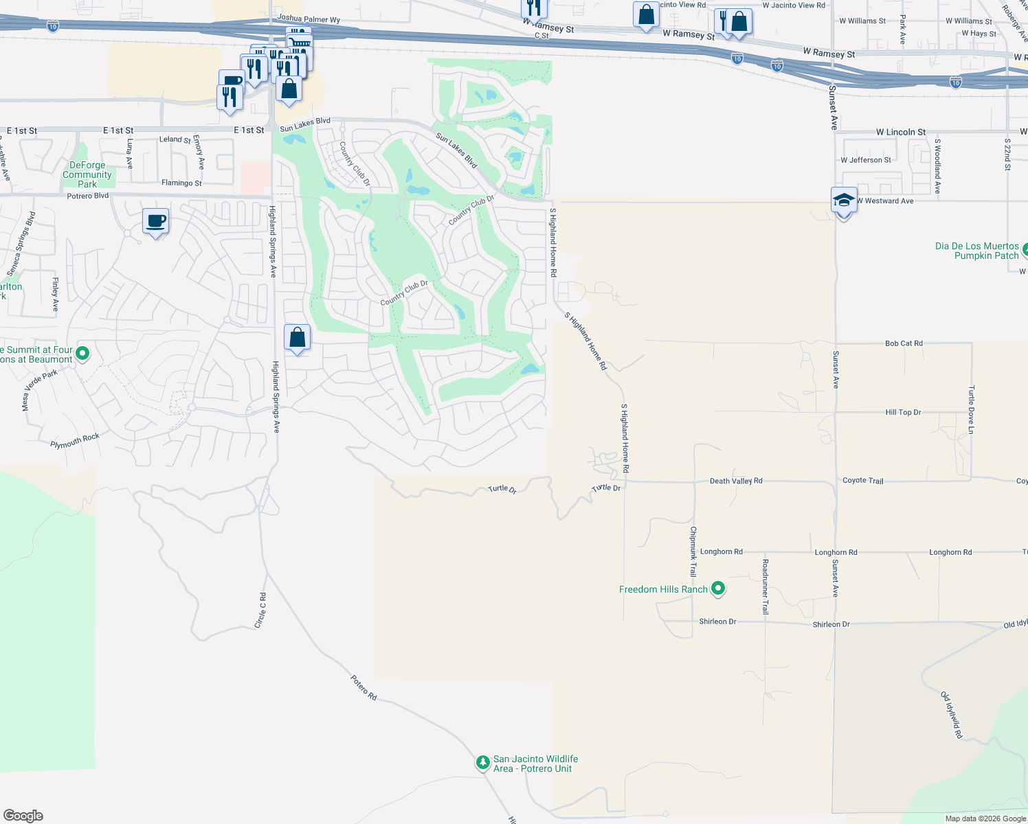 map of restaurants, bars, coffee shops, grocery stores, and more near 4981 Rio Bravo Drive in Banning