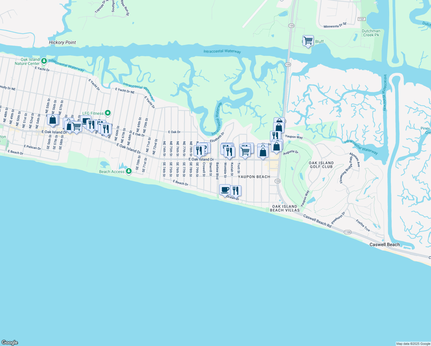 map of restaurants, bars, coffee shops, grocery stores, and more near 303 Barbee Boulevard in Oak Island