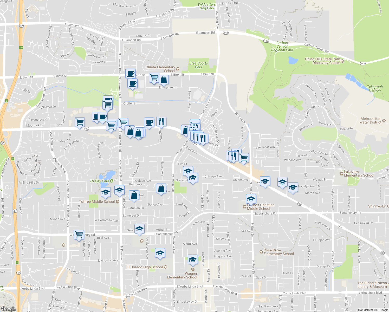 map of restaurants, bars, coffee shops, grocery stores, and more near 3349 Greenleaf Drive in Brea