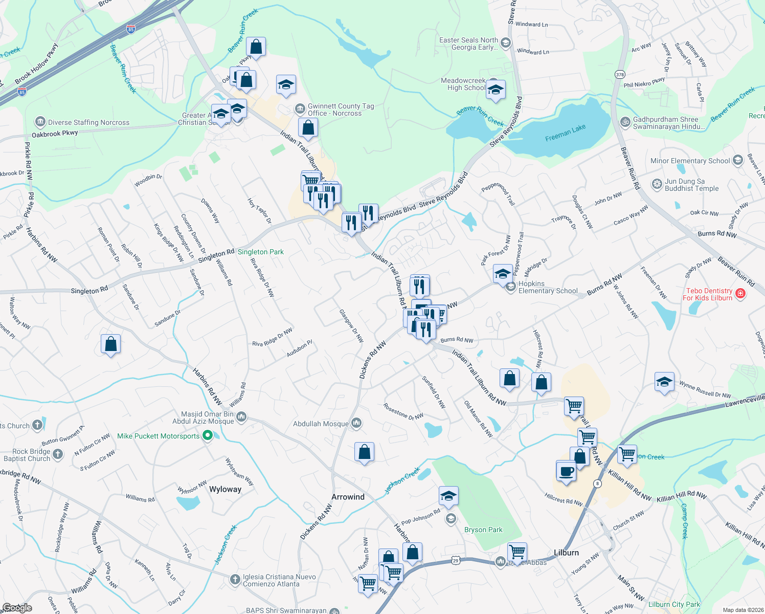 map of restaurants, bars, coffee shops, grocery stores, and more near 995 Indian Way Northwest in Lilburn
