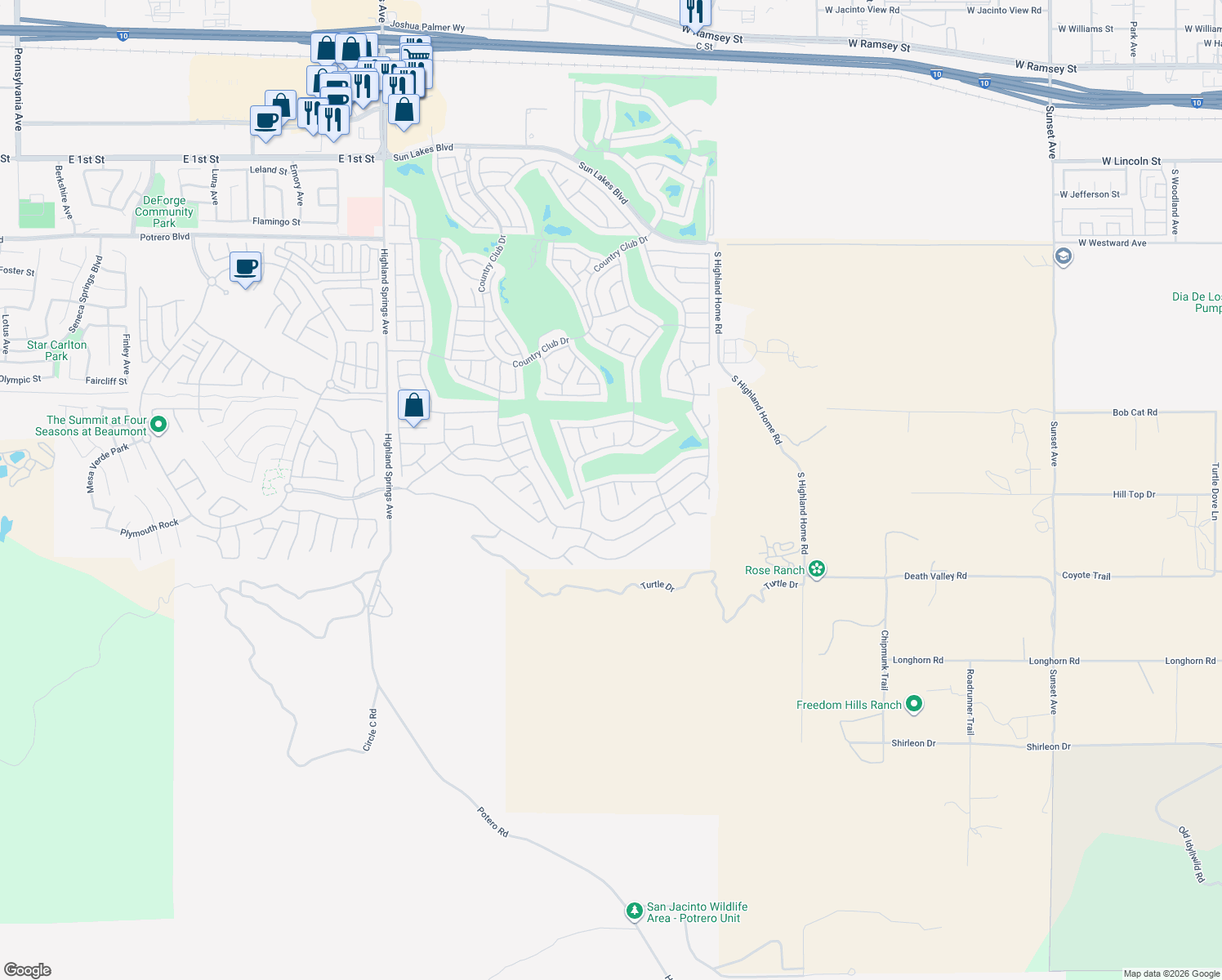map of restaurants, bars, coffee shops, grocery stores, and more near 2012 Melbourne Circle in Banning