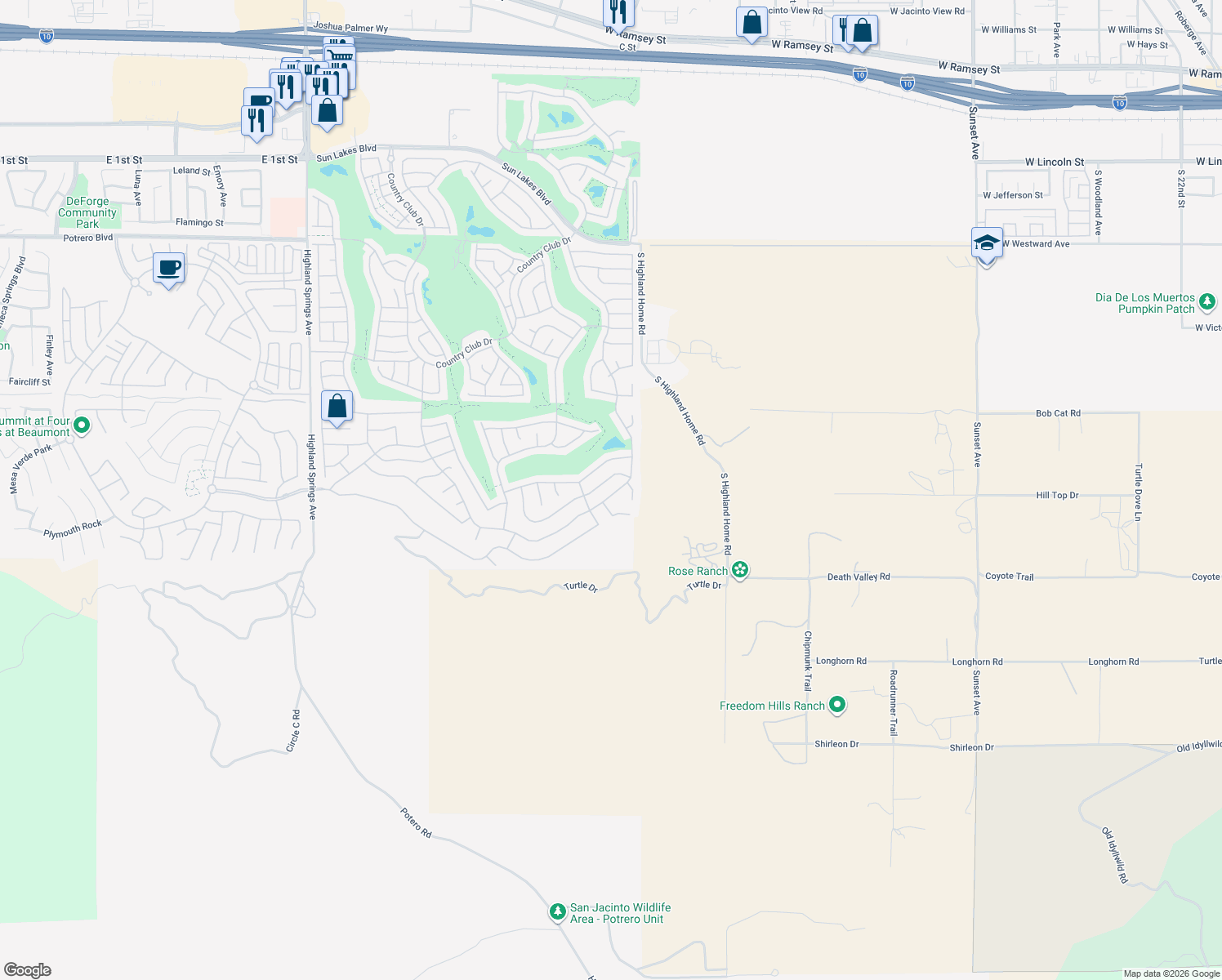 map of restaurants, bars, coffee shops, grocery stores, and more near 4951 Rio Bravo Drive in Banning