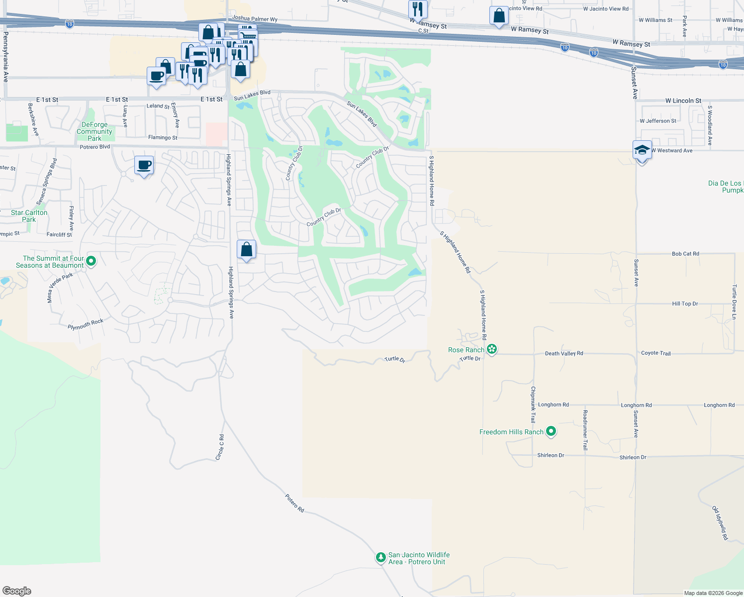 map of restaurants, bars, coffee shops, grocery stores, and more near 2003 Melbourne Circle in Banning