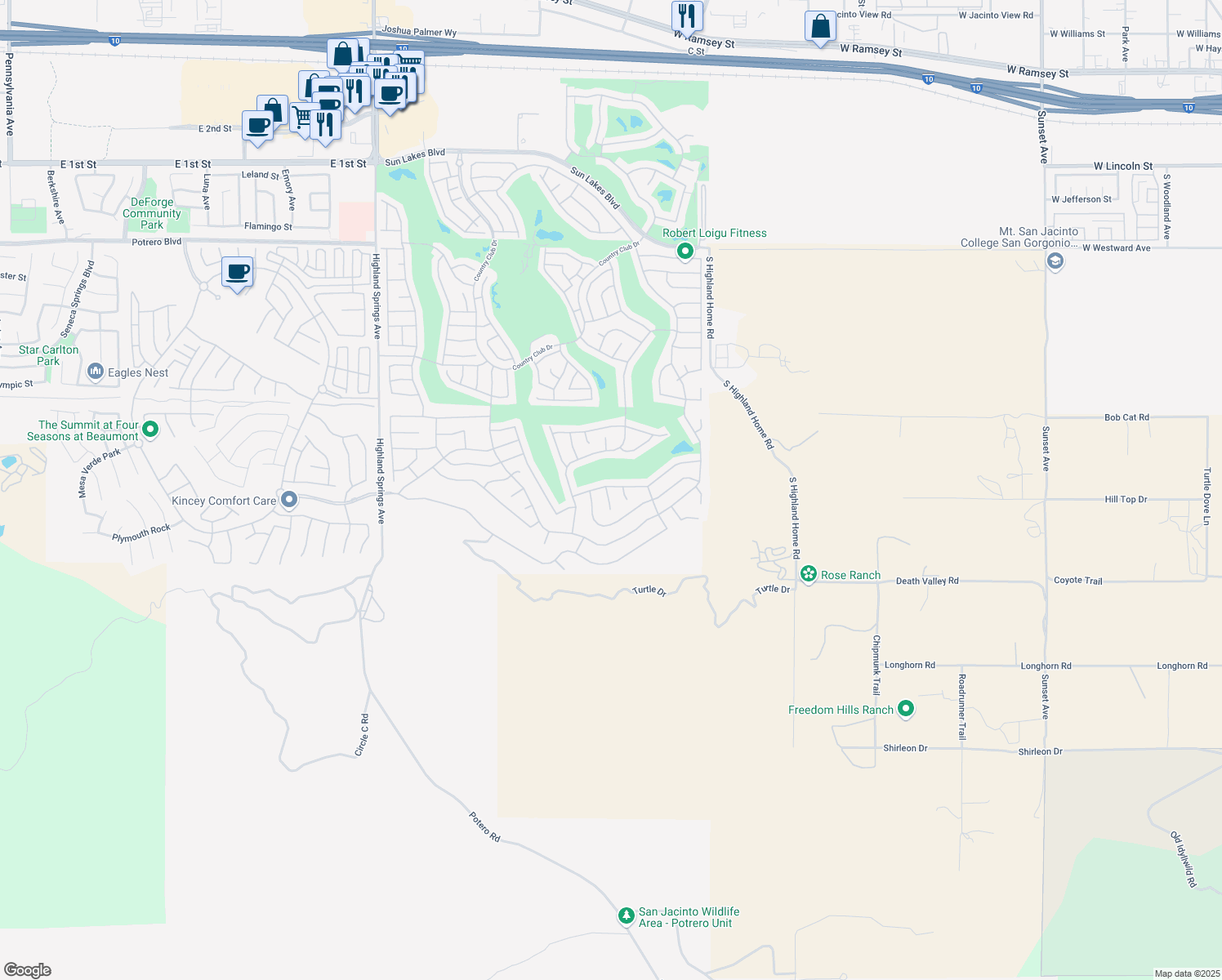 map of restaurants, bars, coffee shops, grocery stores, and more near 2003 Melbourne Circle in Banning