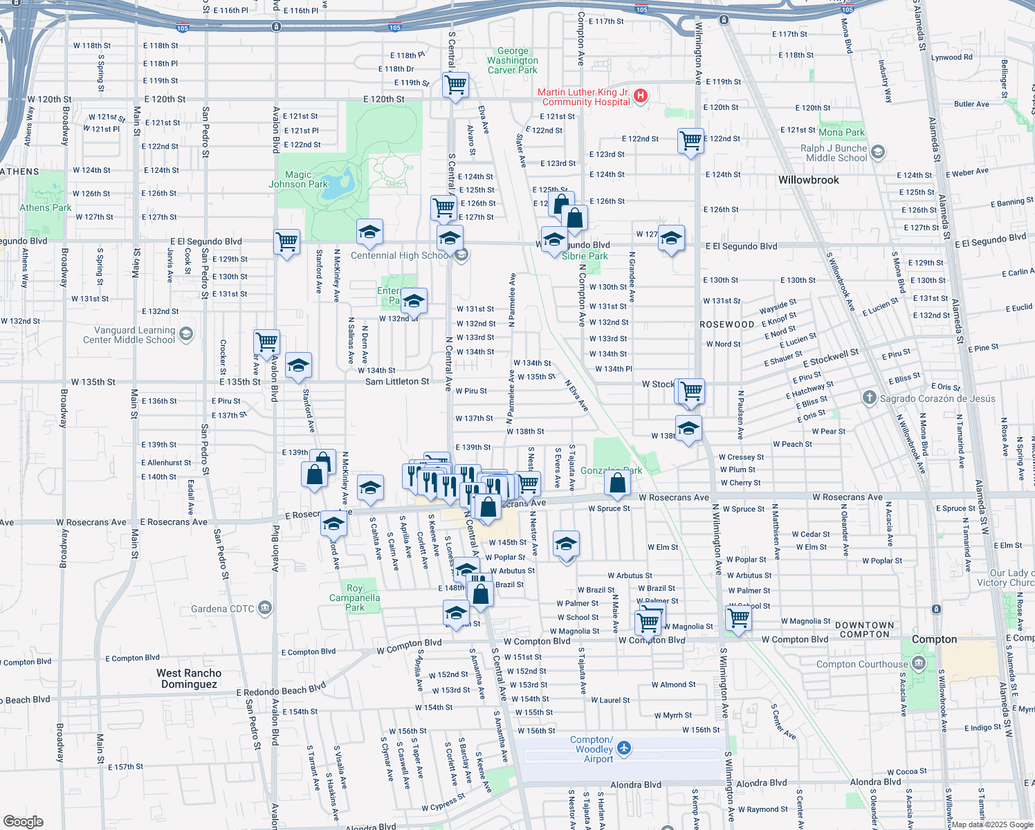 map of restaurants, bars, coffee shops, grocery stores, and more near 1513 West 137th Street in Compton
