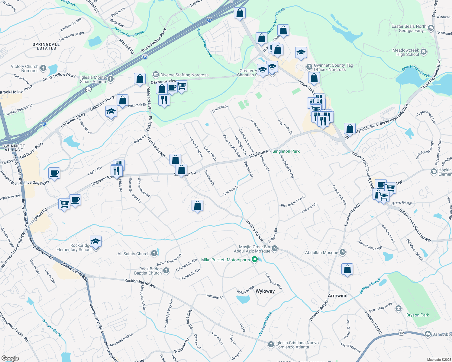 map of restaurants, bars, coffee shops, grocery stores, and more near 1144 Singleton Valley Cir in Norcross