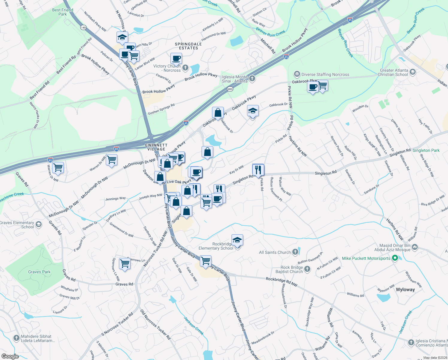 map of restaurants, bars, coffee shops, grocery stores, and more near 5952 Kay Drive Northwest in Norcross