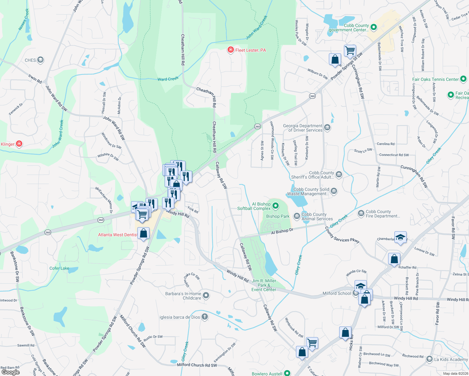 map of restaurants, bars, coffee shops, grocery stores, and more near 1481 Chapel Hill Ln SW in Marietta