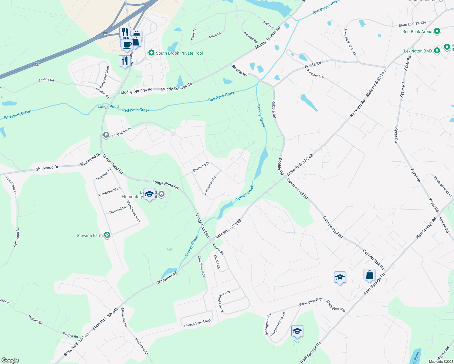 map of restaurants, bars, coffee shops, grocery stores, and more near 304 Blueberry Drive in Lexington