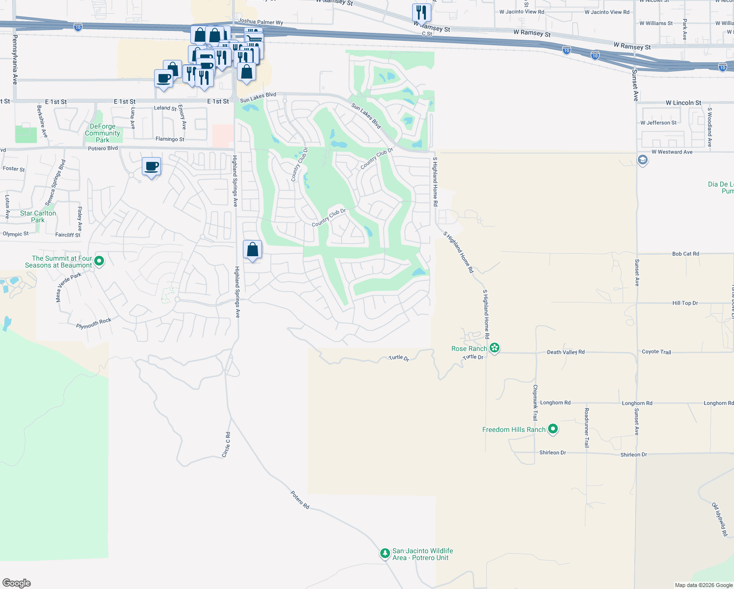map of restaurants, bars, coffee shops, grocery stores, and more near 5098 Singing Hills Drive in Banning