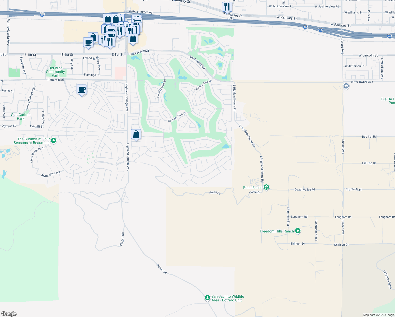 map of restaurants, bars, coffee shops, grocery stores, and more near 5098 Singing Hills Drive in Banning
