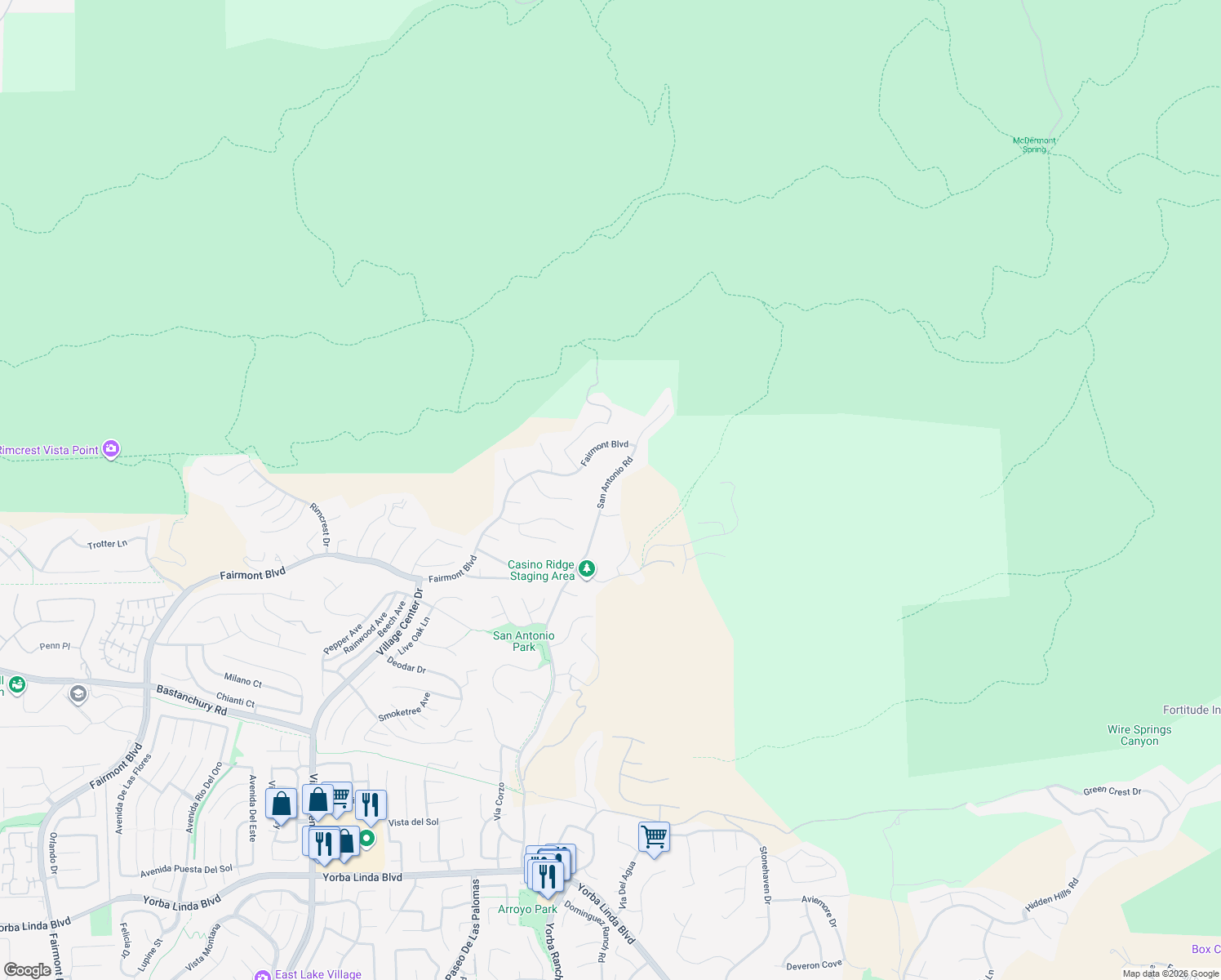 map of restaurants, bars, coffee shops, grocery stores, and more near 3850 San Antonio Road in Yorba Linda