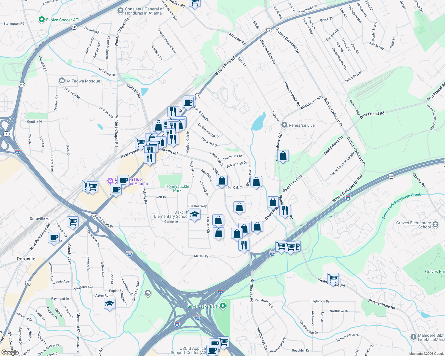 map of restaurants, bars, coffee shops, grocery stores, and more near 3316 Oakcliff Road in Doraville
