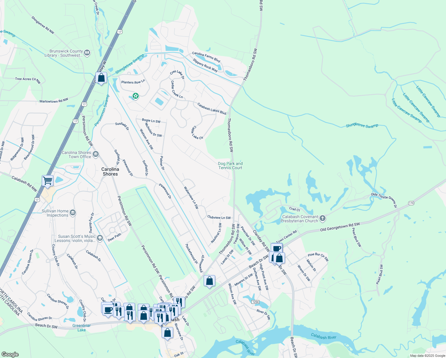 map of restaurants, bars, coffee shops, grocery stores, and more near 5 Lighthouse Cove Loop in Carolina Shores