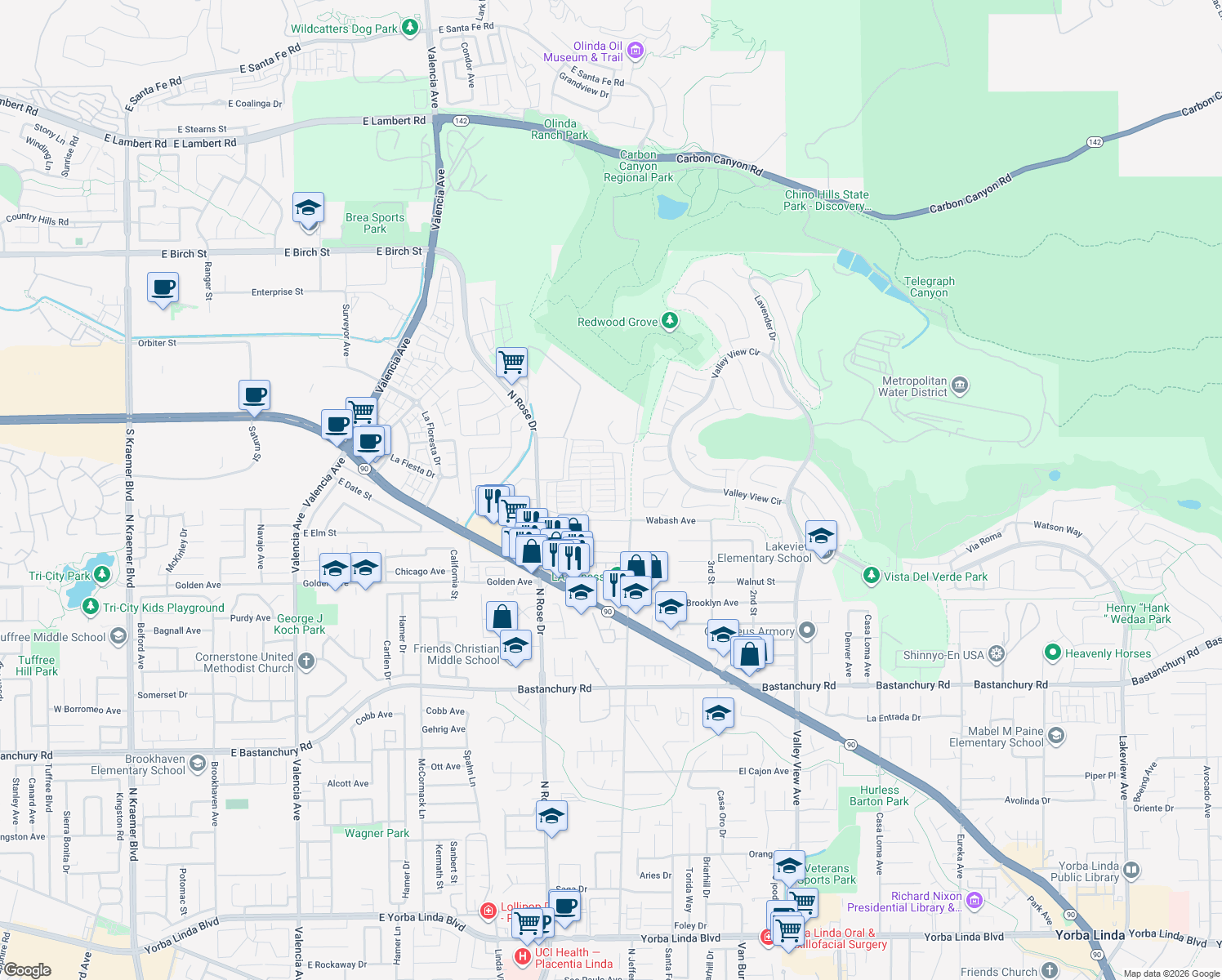 map of restaurants, bars, coffee shops, grocery stores, and more near 16959 Lake Knoll Lane in Yorba Linda