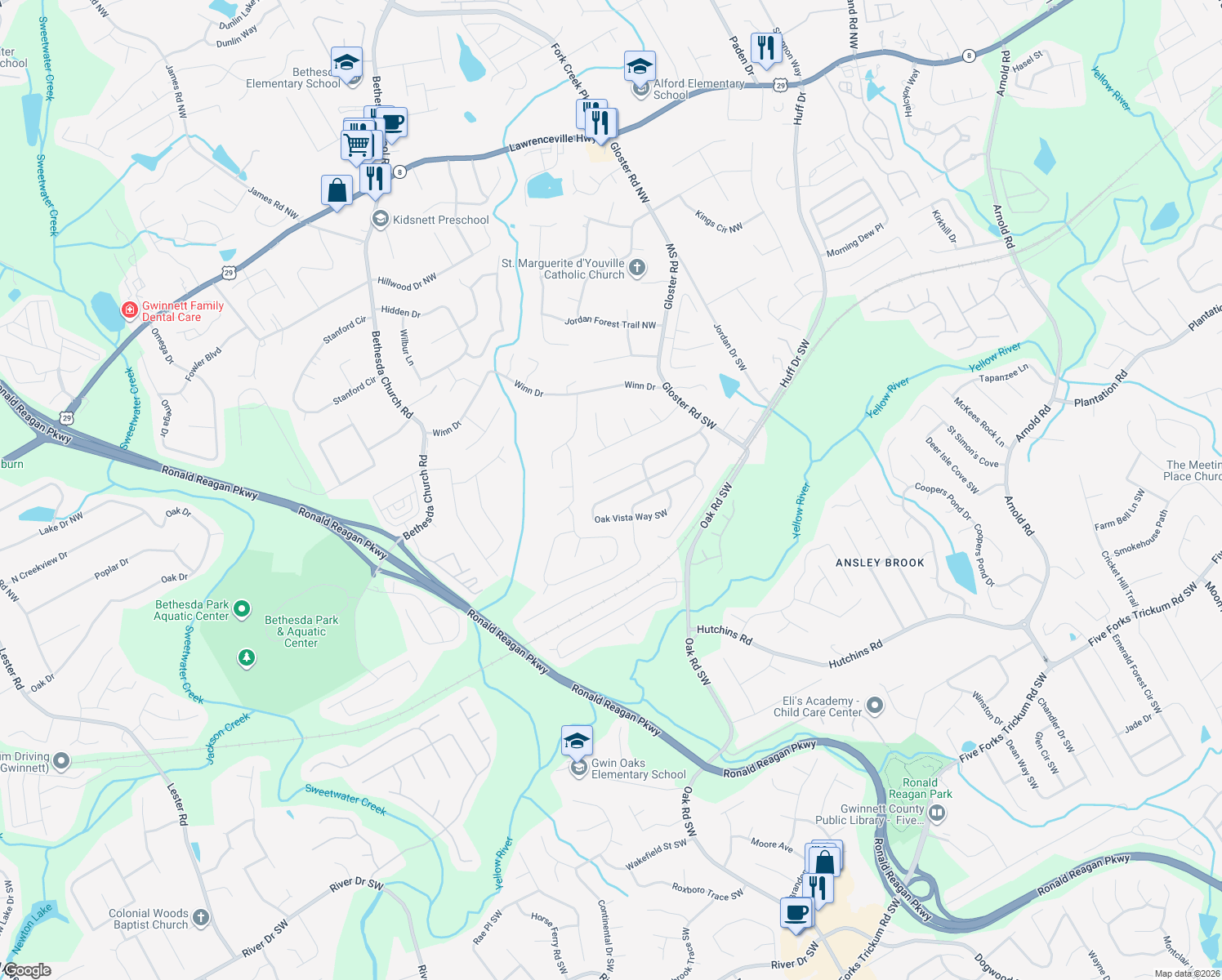 map of restaurants, bars, coffee shops, grocery stores, and more near 3152 Oak Vista Way Southwest in Lawrenceville