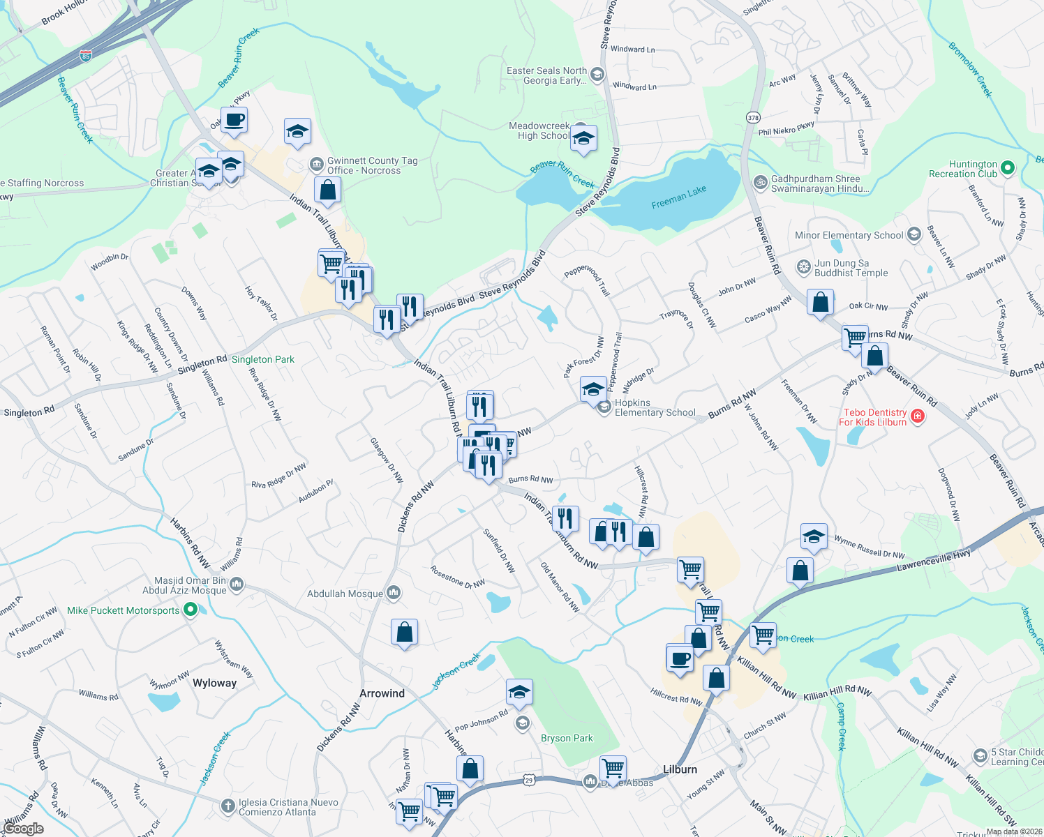 map of restaurants, bars, coffee shops, grocery stores, and more near 1253 Indian Way NW in Lilburn