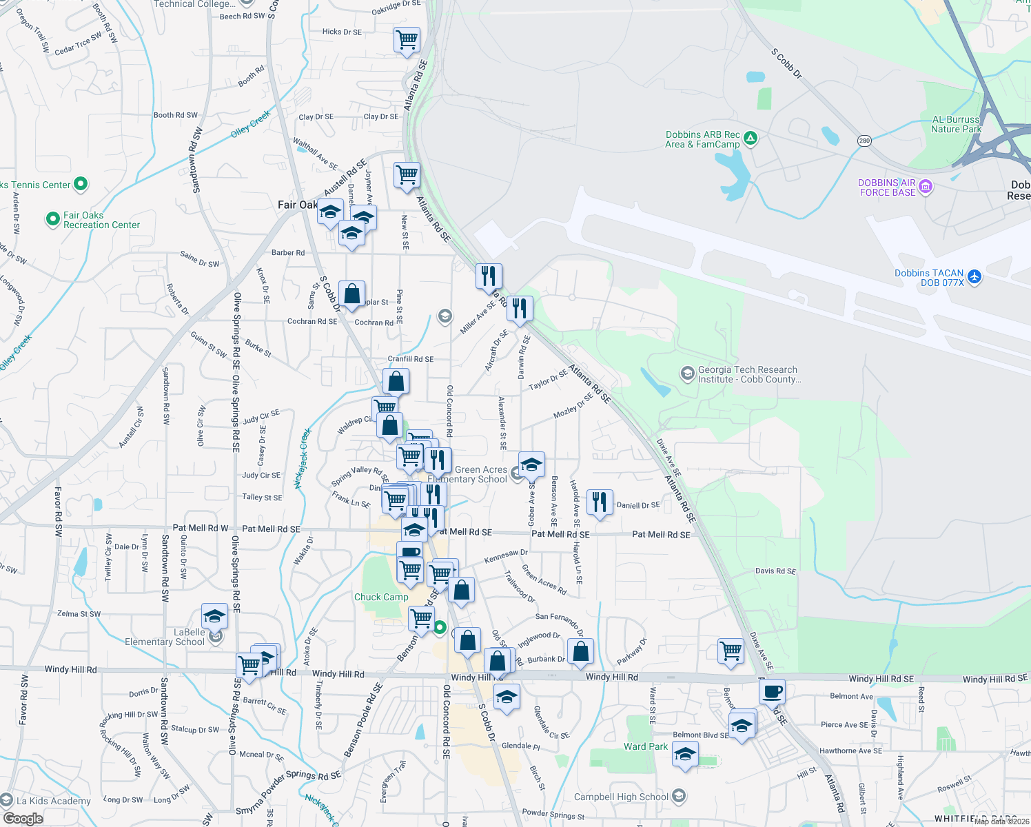 map of restaurants, bars, coffee shops, grocery stores, and more near 1838 Hawkins St SE in Smyrna