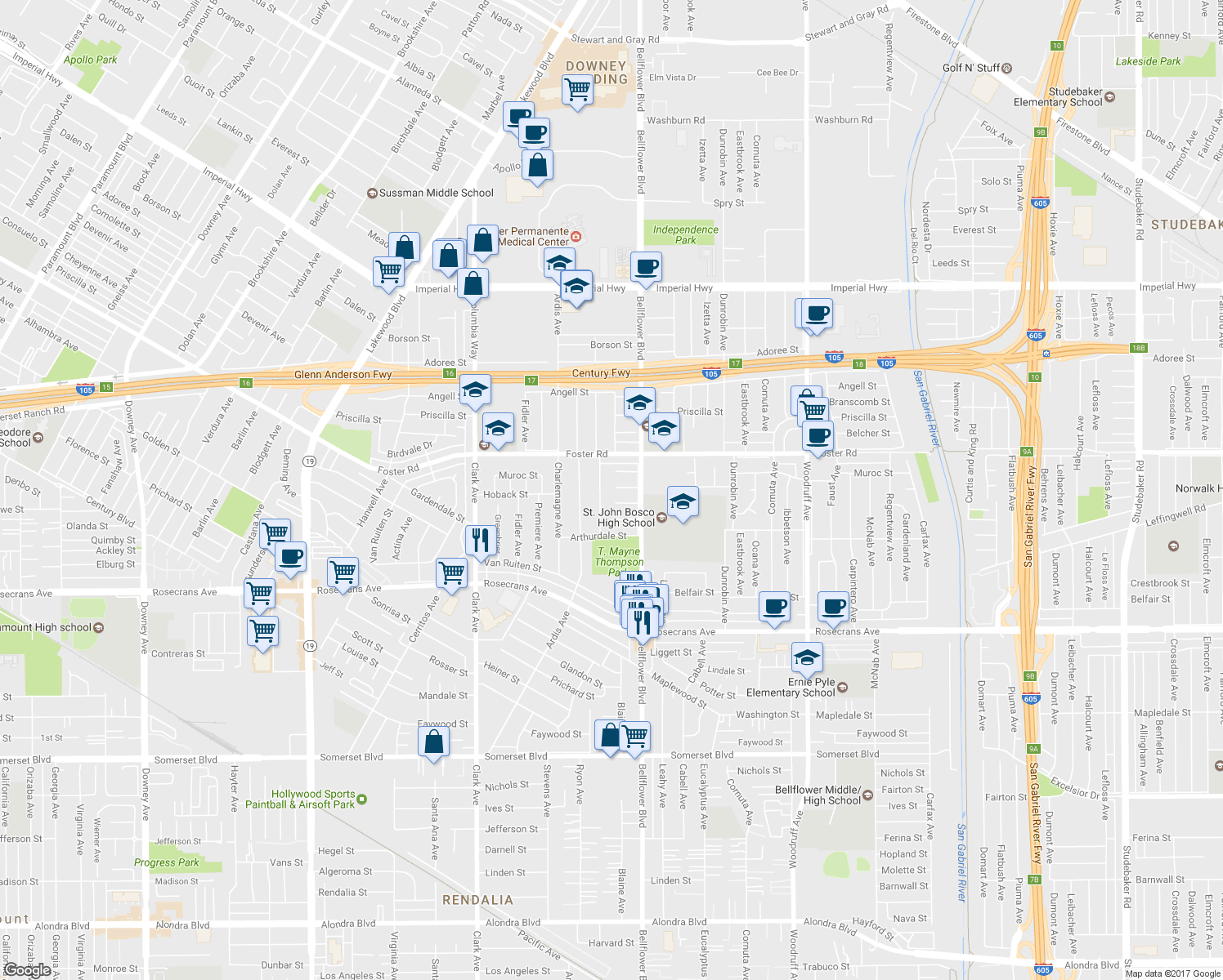 map of restaurants, bars, coffee shops, grocery stores, and more near 9600 Hoback Street in Bellflower