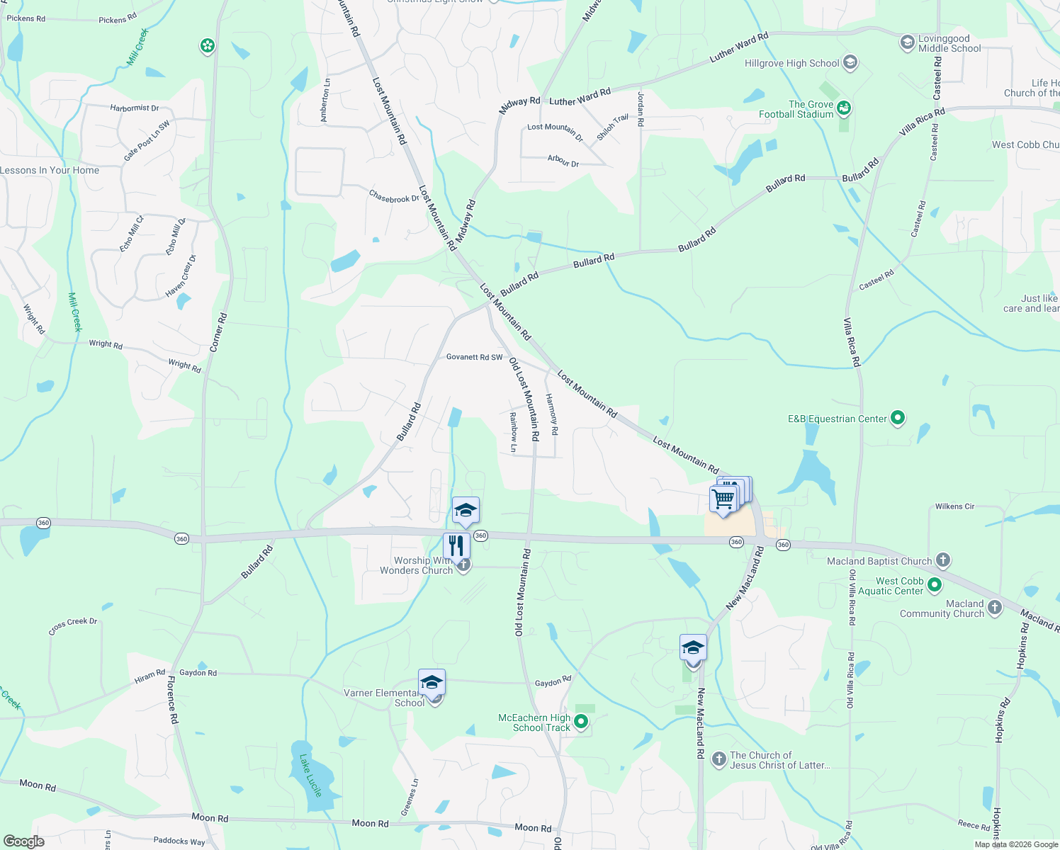 map of restaurants, bars, coffee shops, grocery stores, and more near 1874 Old Lost Mountain Road in Powder Springs
