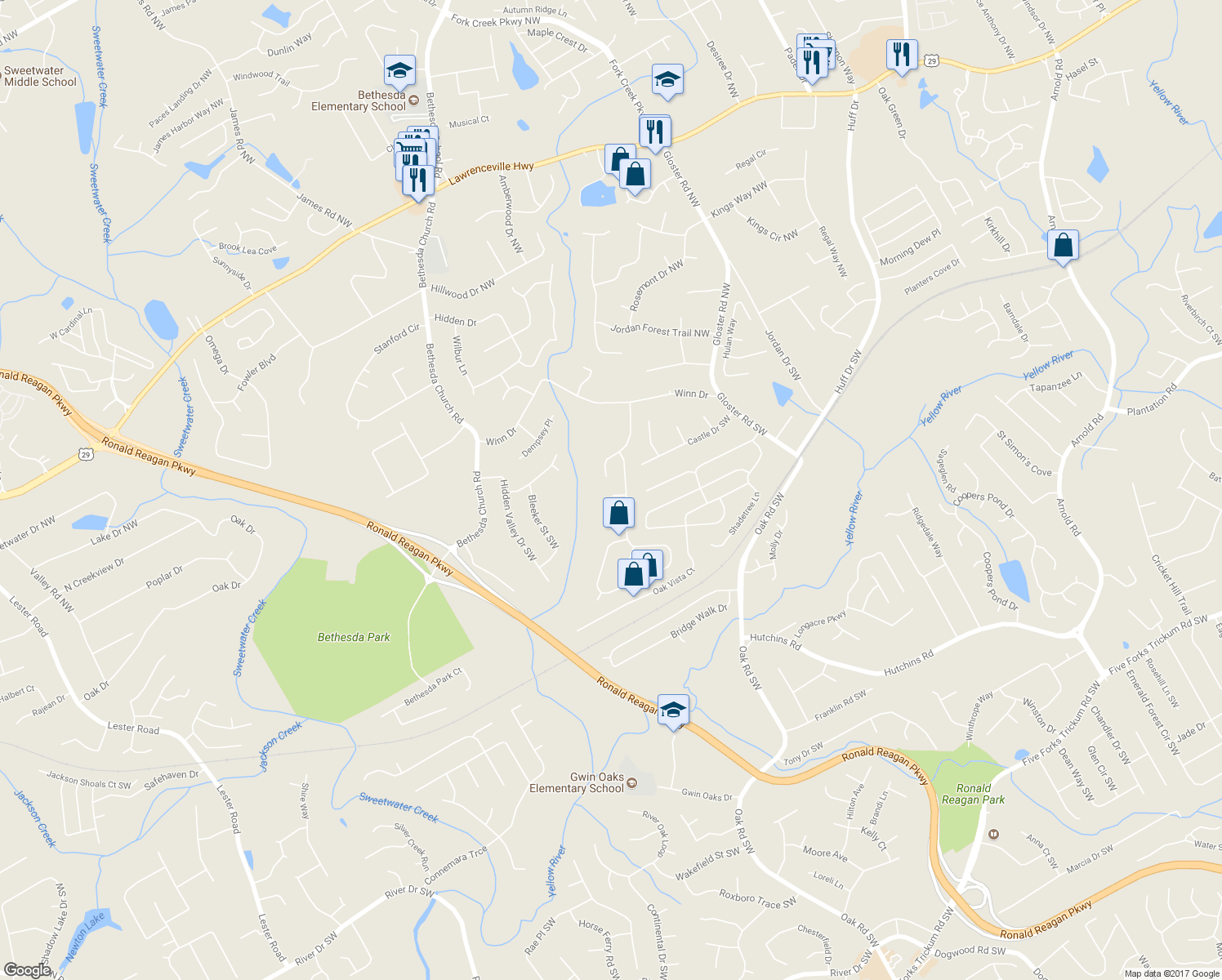 map of restaurants, bars, coffee shops, grocery stores, and more near 3025 Iron Gate Court in Lawrenceville