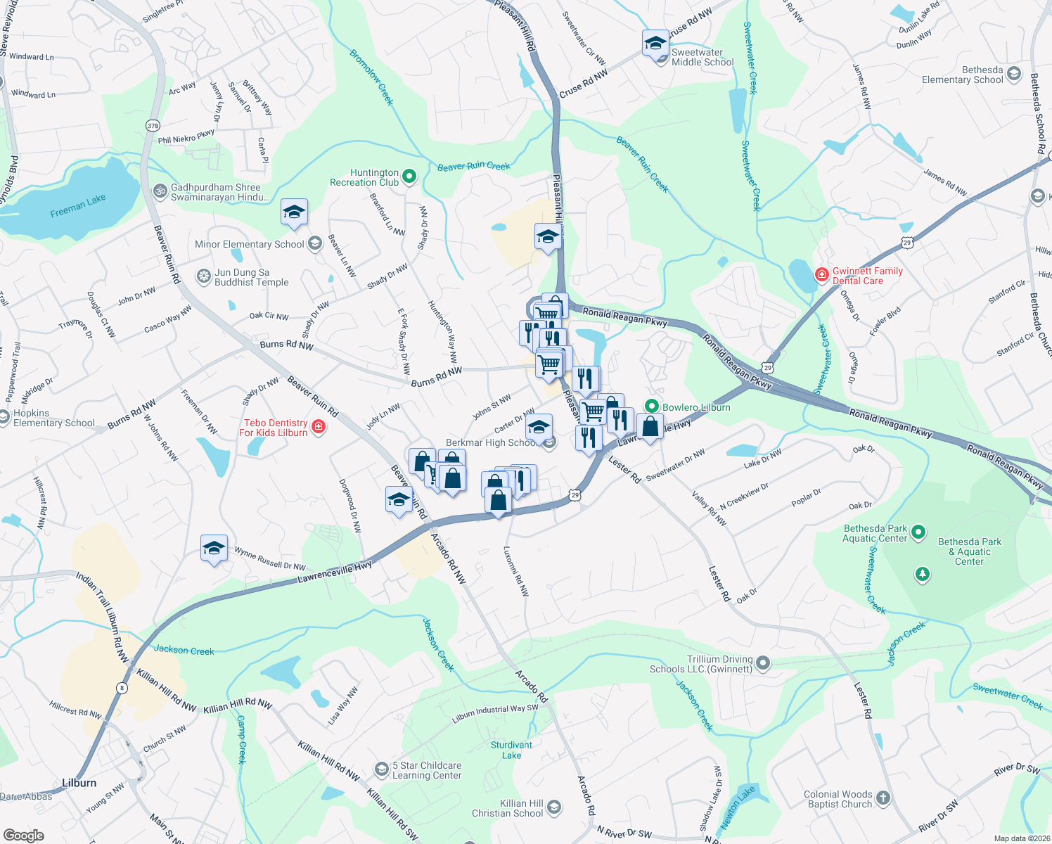 map of restaurants, bars, coffee shops, grocery stores, and more near 3978 Carter Drive Northwest in Lilburn