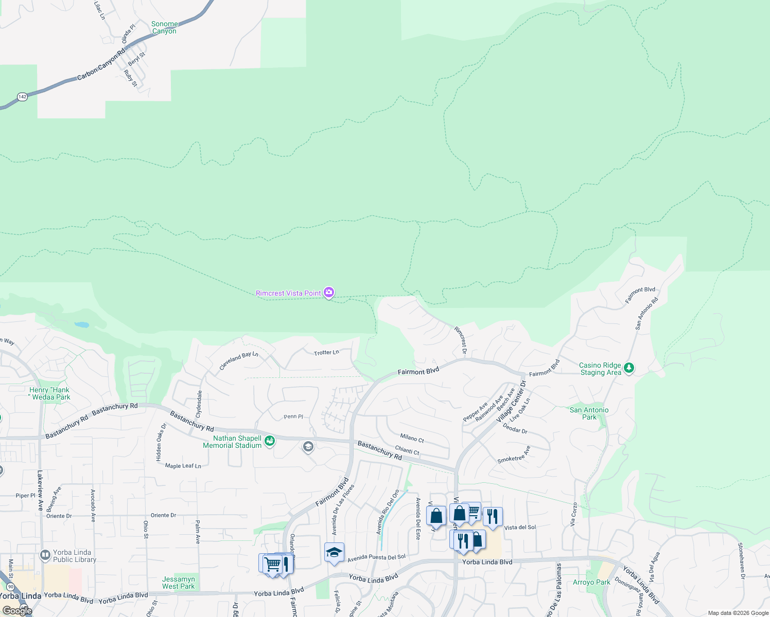 map of restaurants, bars, coffee shops, grocery stores, and more near 3810 Blue Gum Drive in Yorba Linda