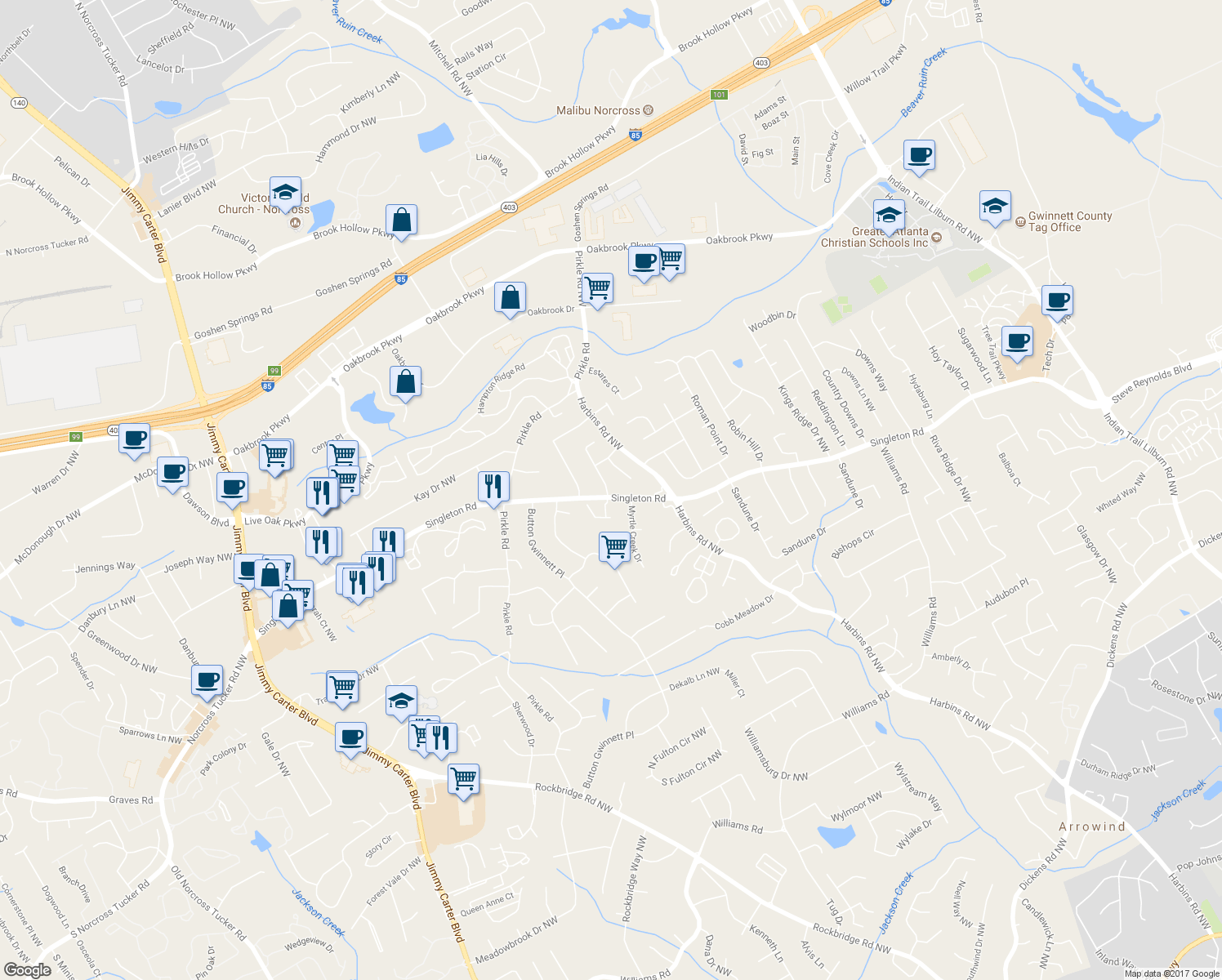 map of restaurants, bars, coffee shops, grocery stores, and more near 1403 Harbins Ridge Drive in Norcross