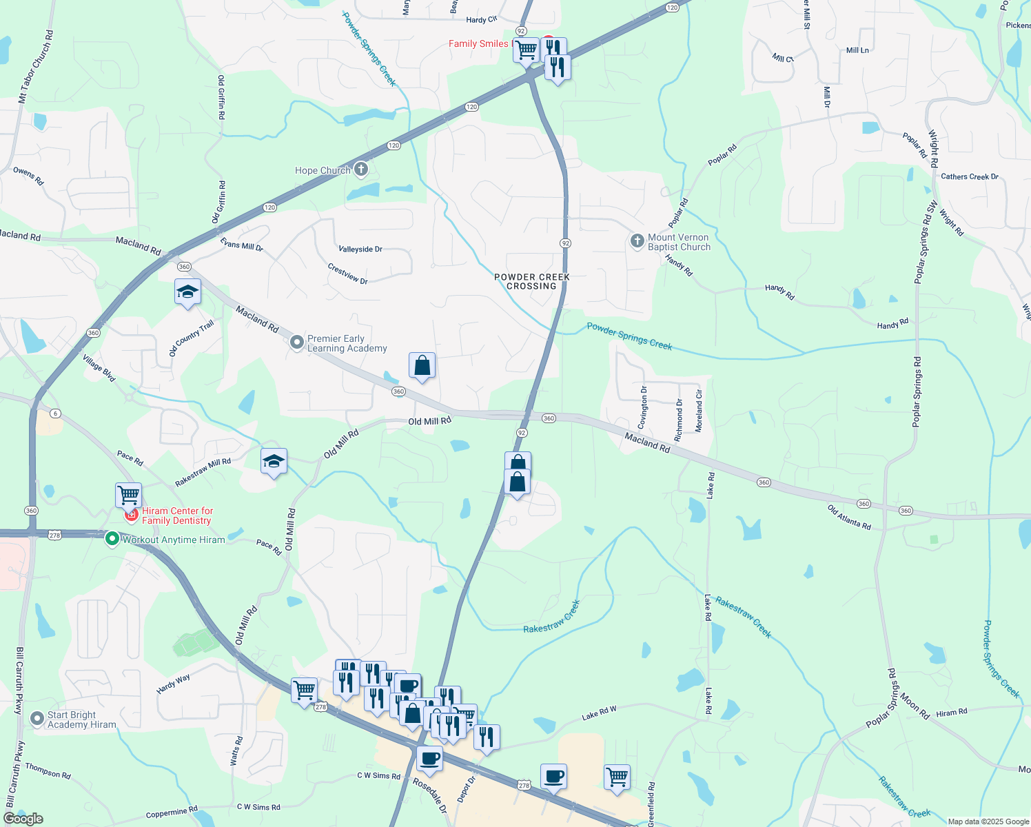 map of restaurants, bars, coffee shops, grocery stores, and more near 3529 Macland Road in Dallas