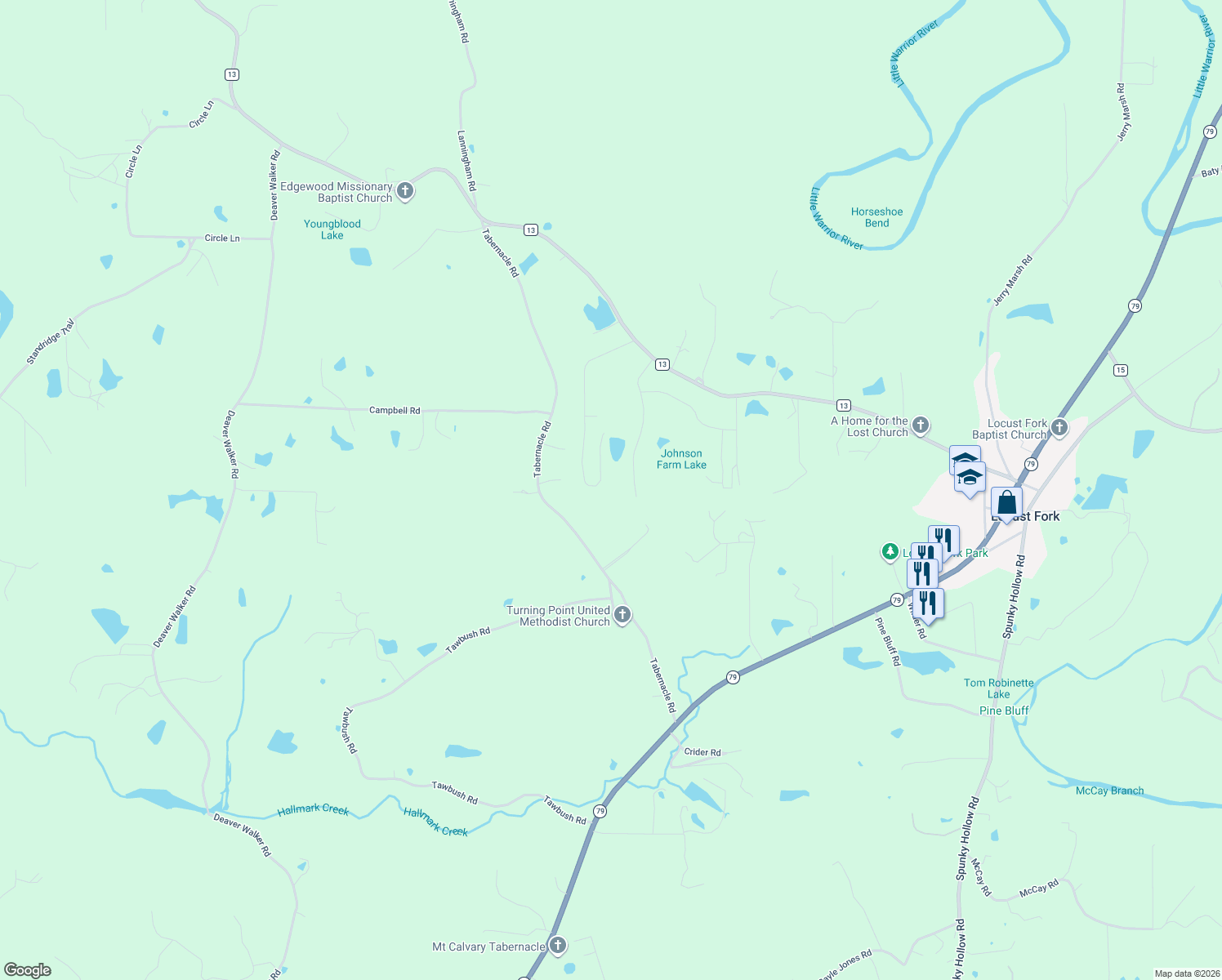 map of restaurants, bars, coffee shops, grocery stores, and more near 550 Sunny Meadows Dr in Locust Fork