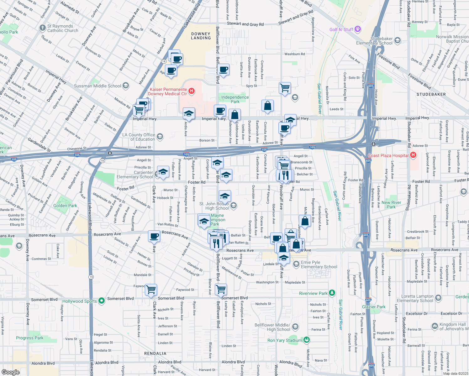 map of restaurants, bars, coffee shops, grocery stores, and more near 9803 Muroc St in Bellflower