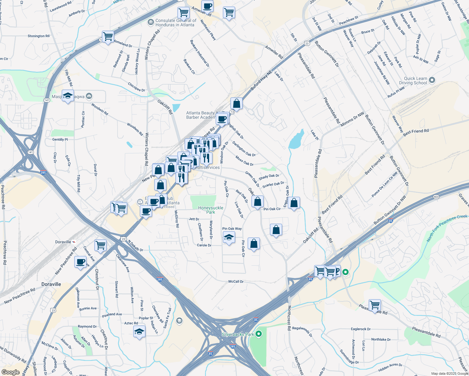 map of restaurants, bars, coffee shops, grocery stores, and more near 4001 Red Oak Drive in Doraville
