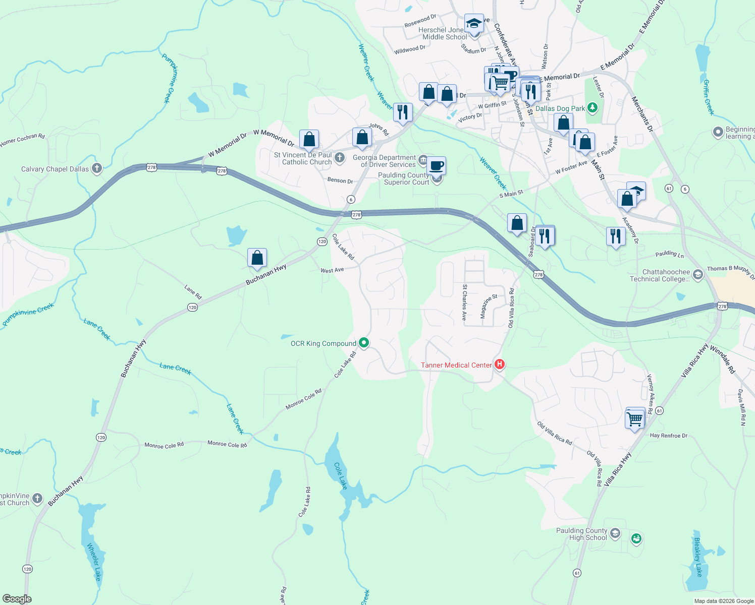 map of restaurants, bars, coffee shops, grocery stores, and more near 431 Cole Lake Rd in Dallas