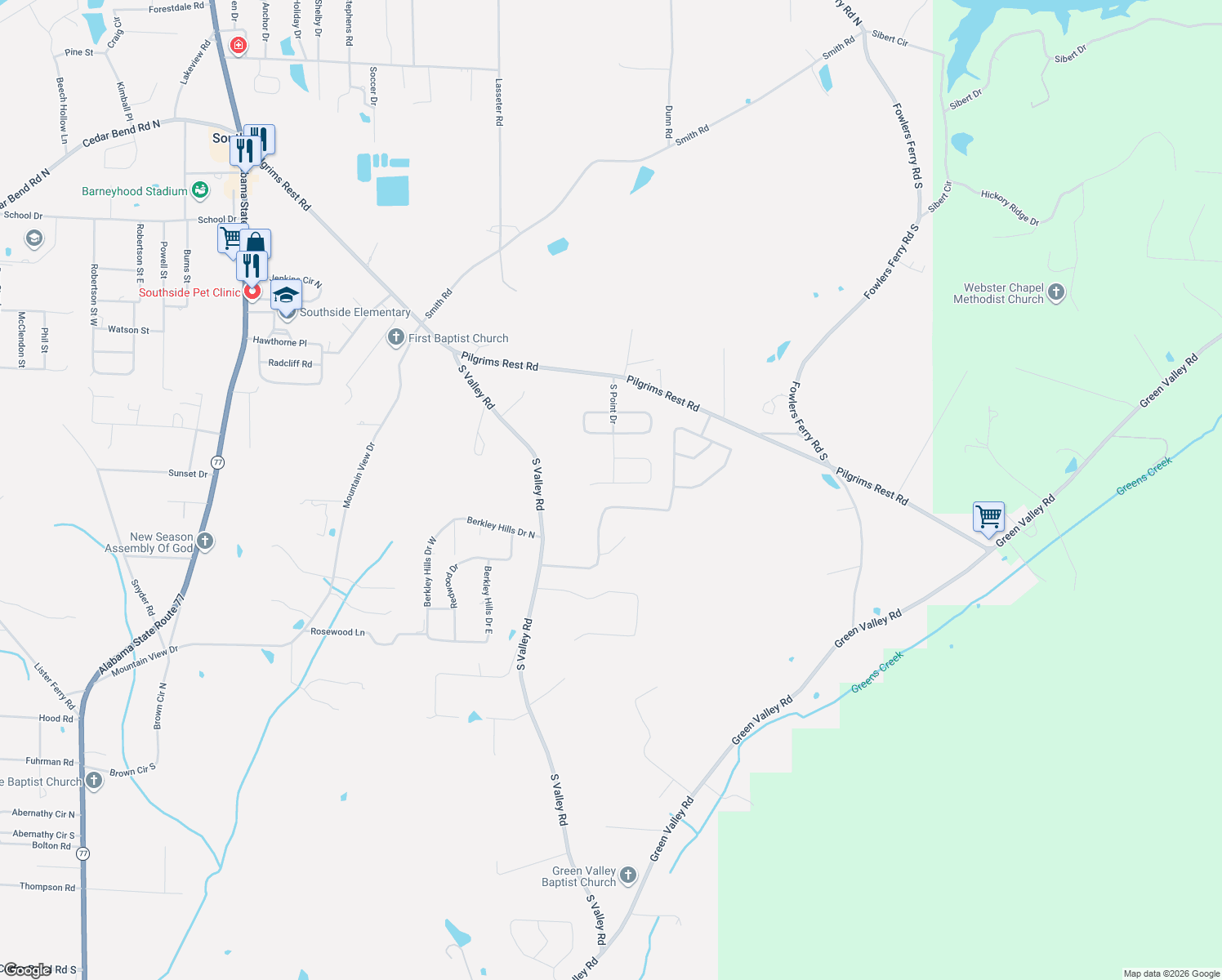 map of restaurants, bars, coffee shops, grocery stores, and more near 4089 Skylark Circle South in Gadsden