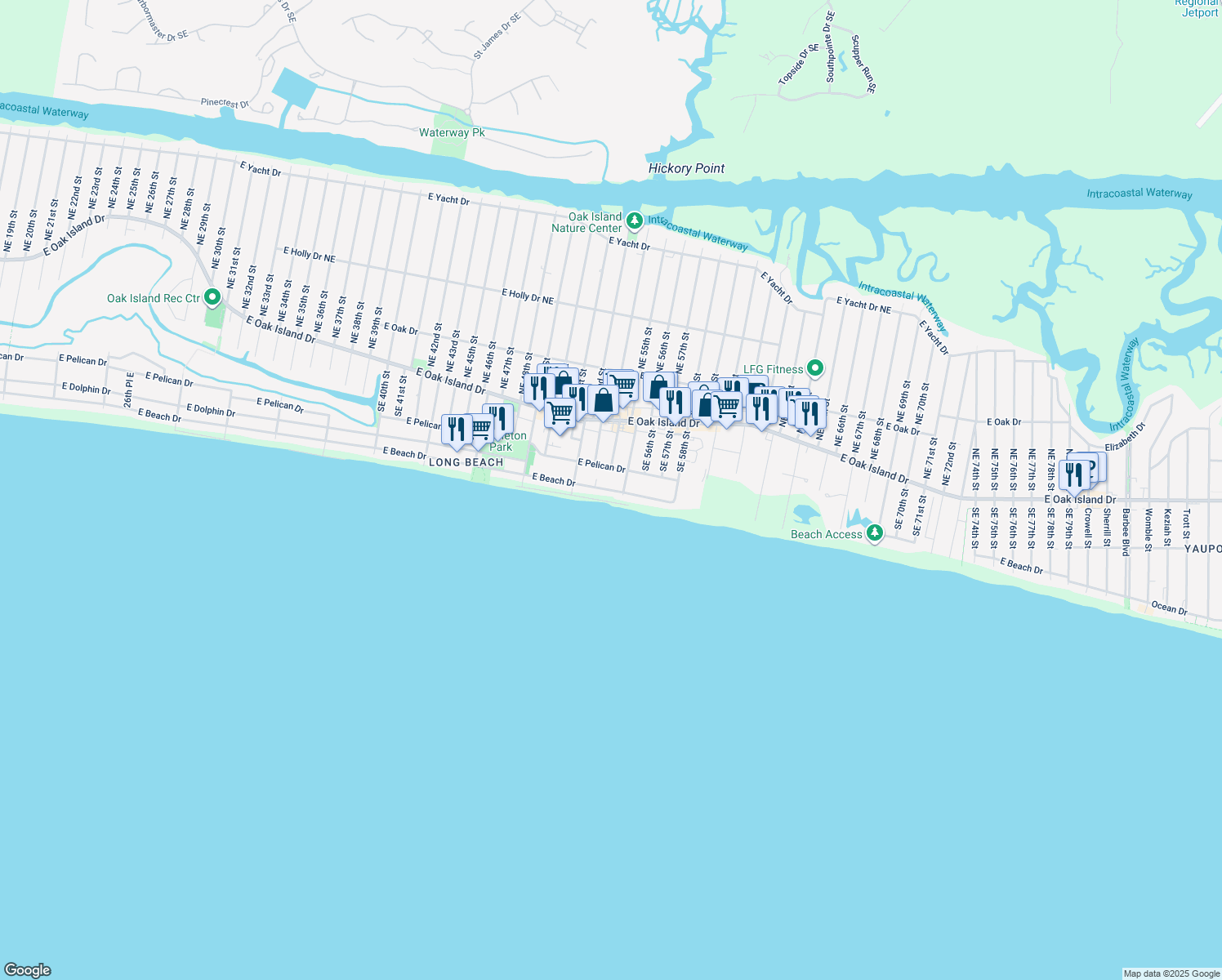 map of restaurants, bars, coffee shops, grocery stores, and more near East Beach Drive in Oak Island