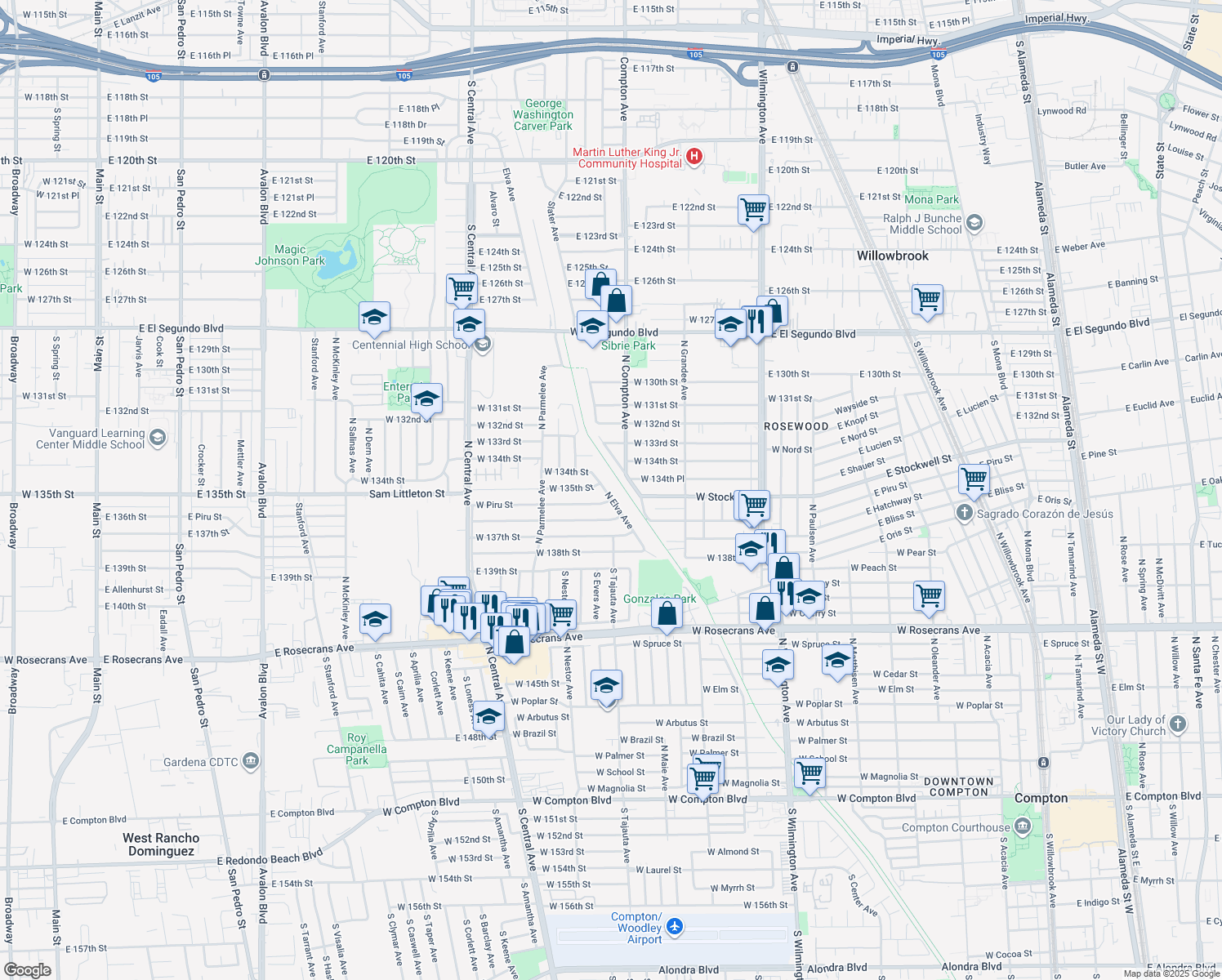 map of restaurants, bars, coffee shops, grocery stores, and more near 1808 North Elva Avenue in Compton