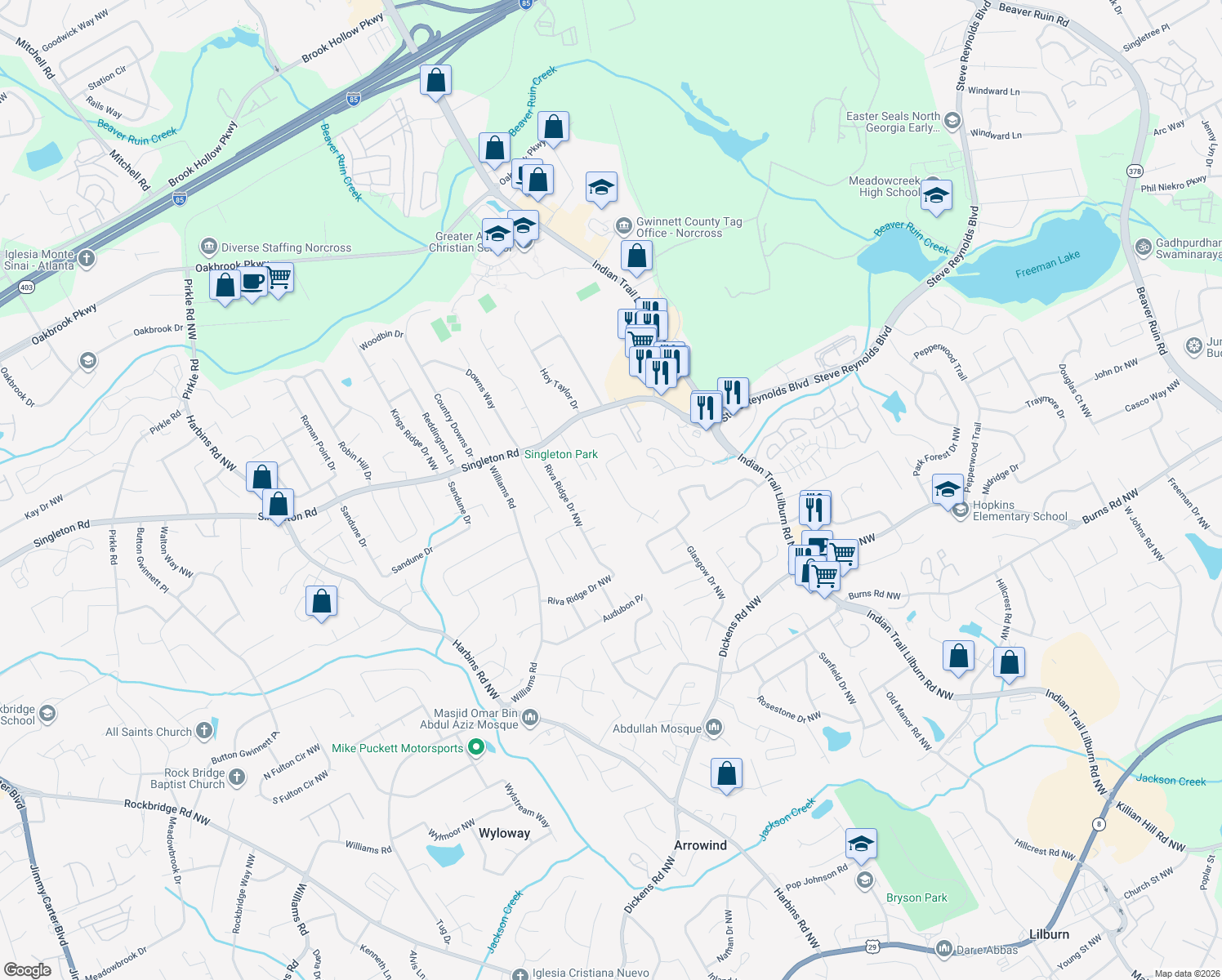 map of restaurants, bars, coffee shops, grocery stores, and more near 1153 Balboa Ct in Norcross