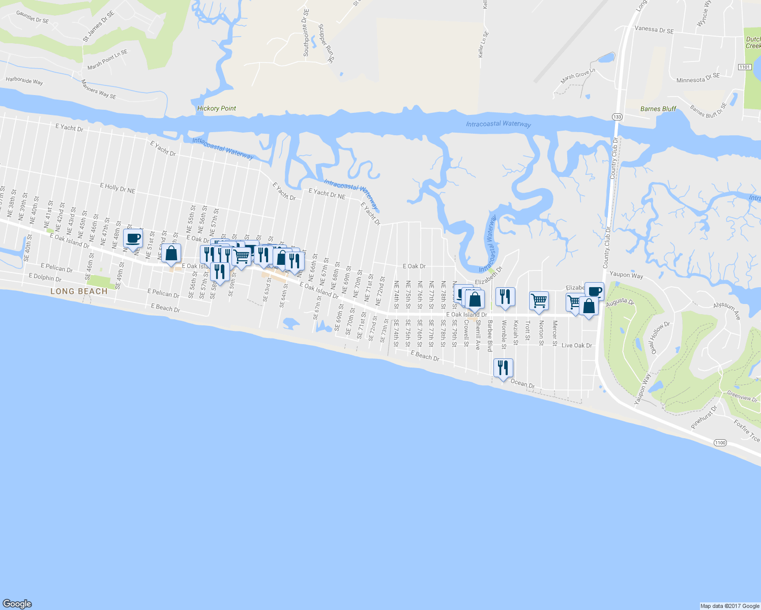 map of restaurants, bars, coffee shops, grocery stores, and more near 102 Northeast 72nd Street in Oak Island