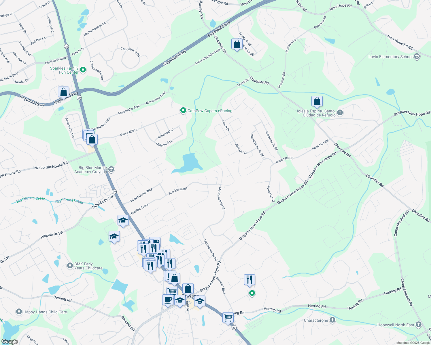 map of restaurants, bars, coffee shops, grocery stores, and more near 1727 Bridgeview Dr in Grayson