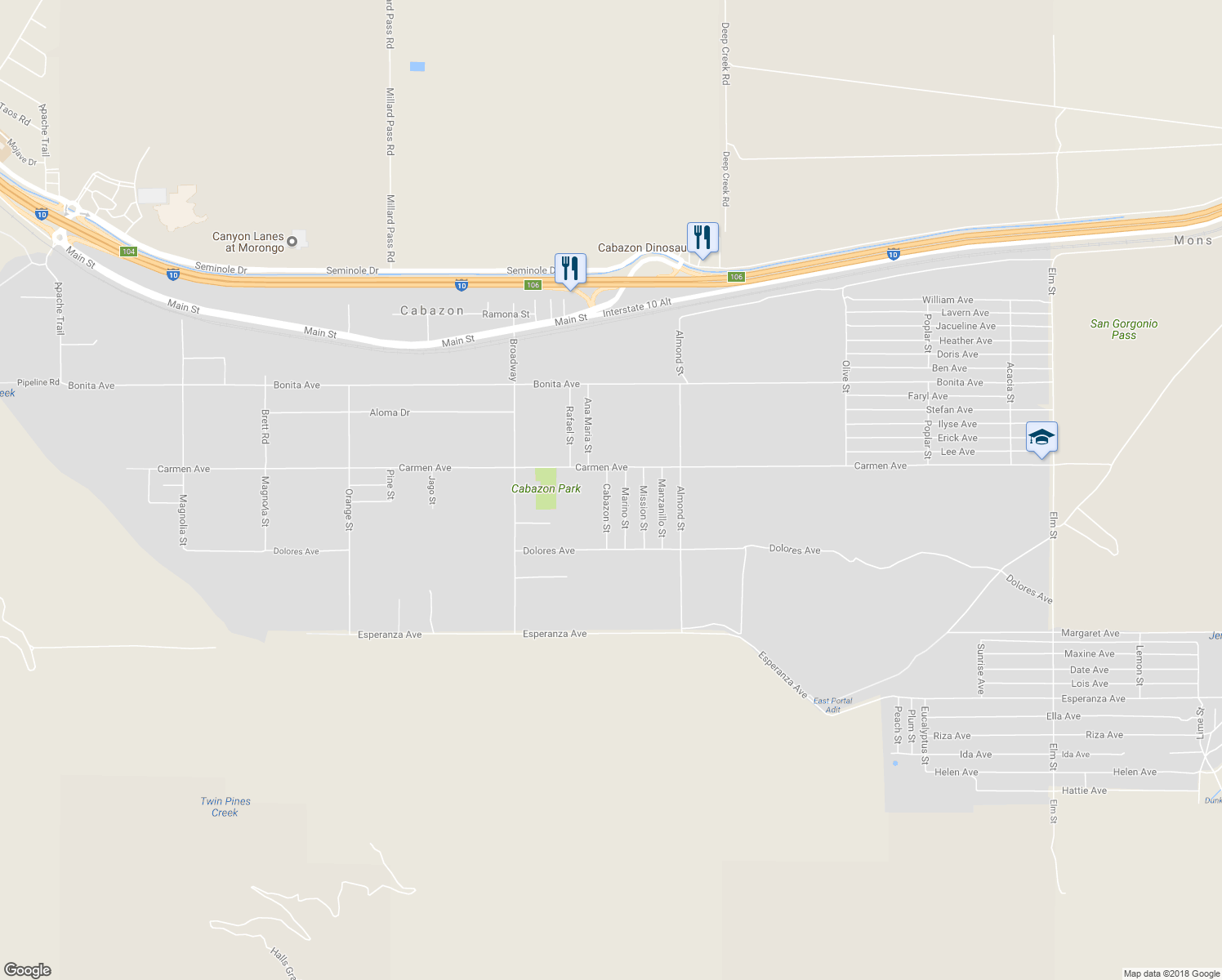 map of restaurants, bars, coffee shops, grocery stores, and more near 14572 Cabazon Street in Cabazon