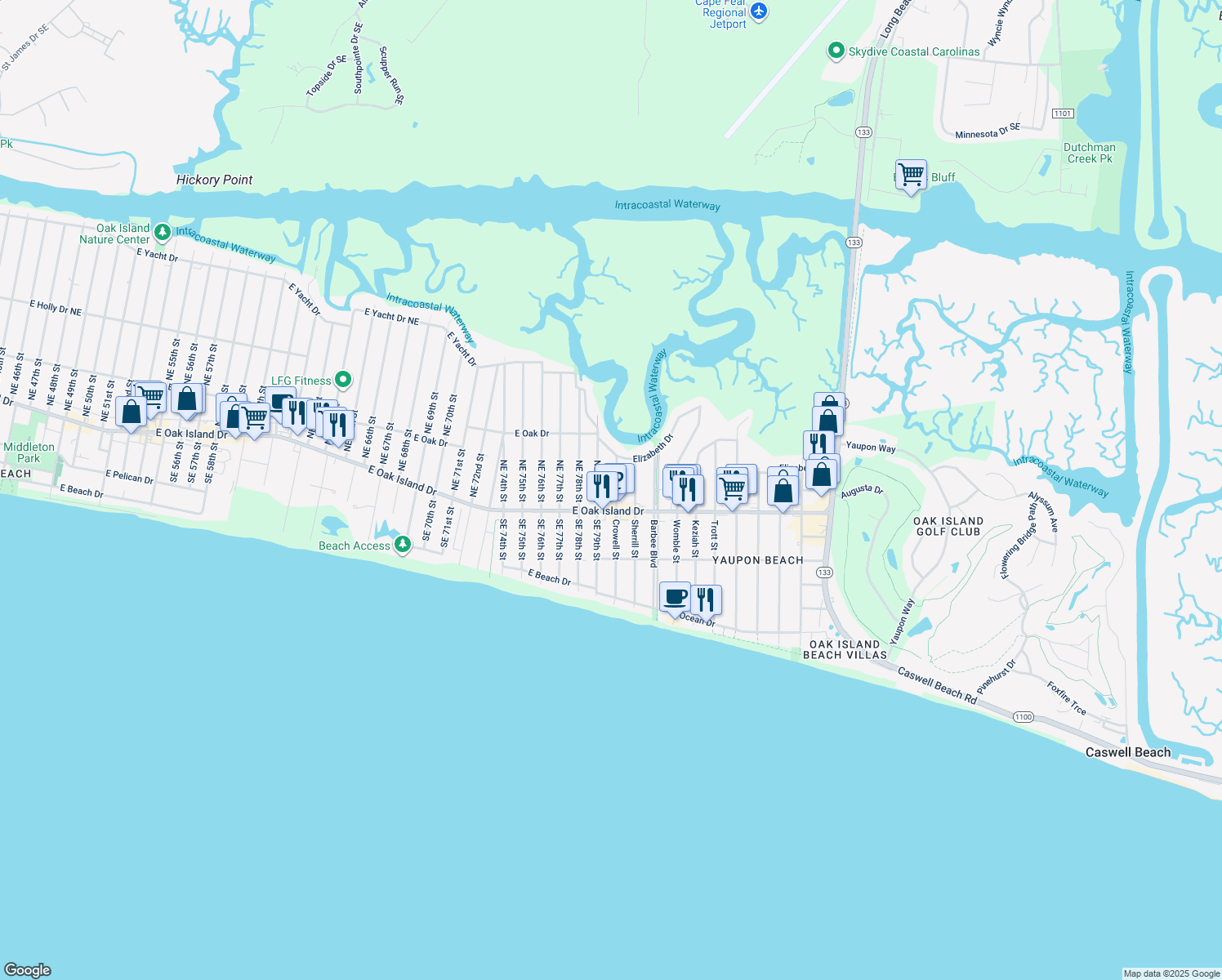 map of restaurants, bars, coffee shops, grocery stores, and more near 409 Crowell Street in Oak Island