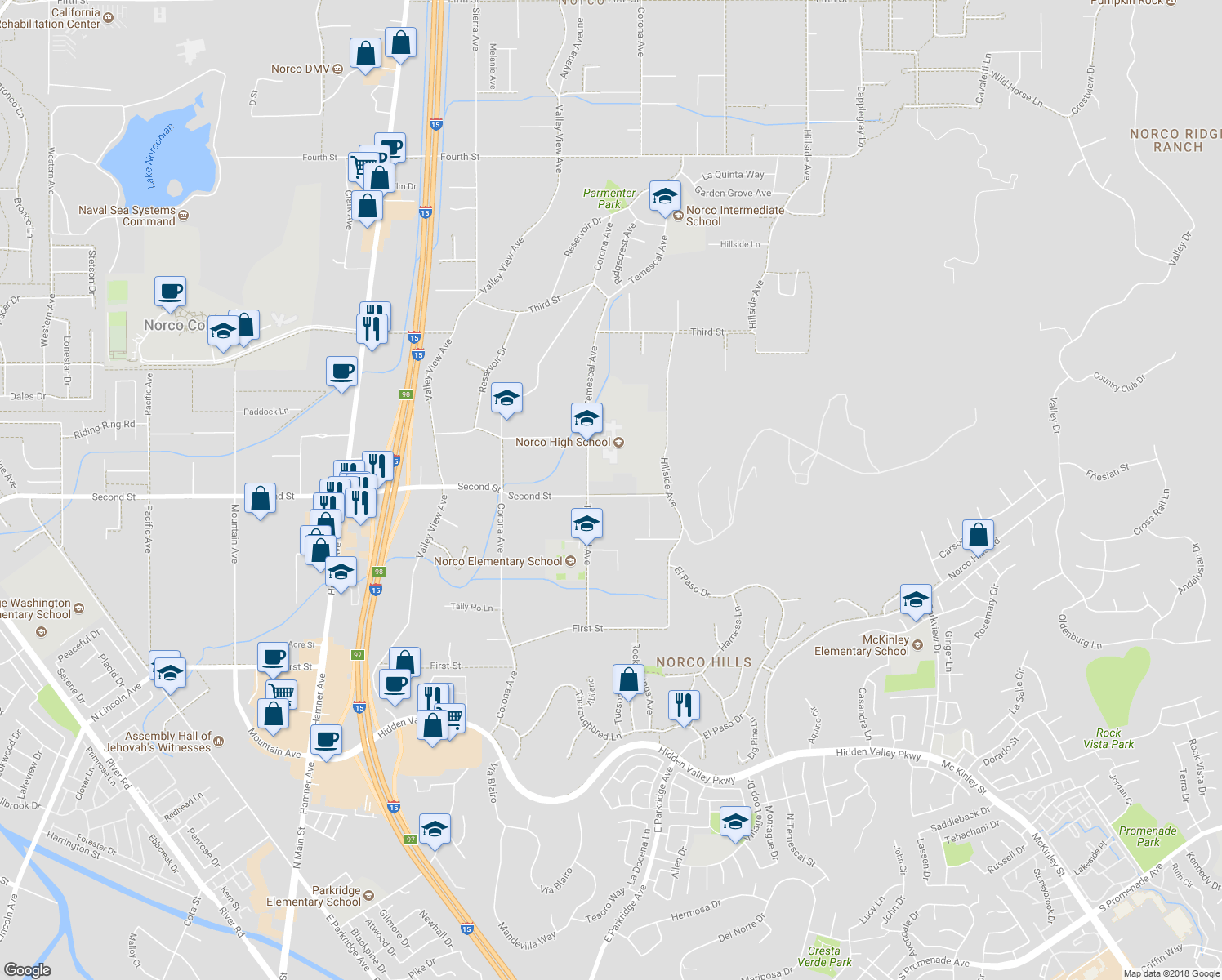 map of restaurants, bars, coffee shops, grocery stores, and more near 1049 2nd Street in Norco