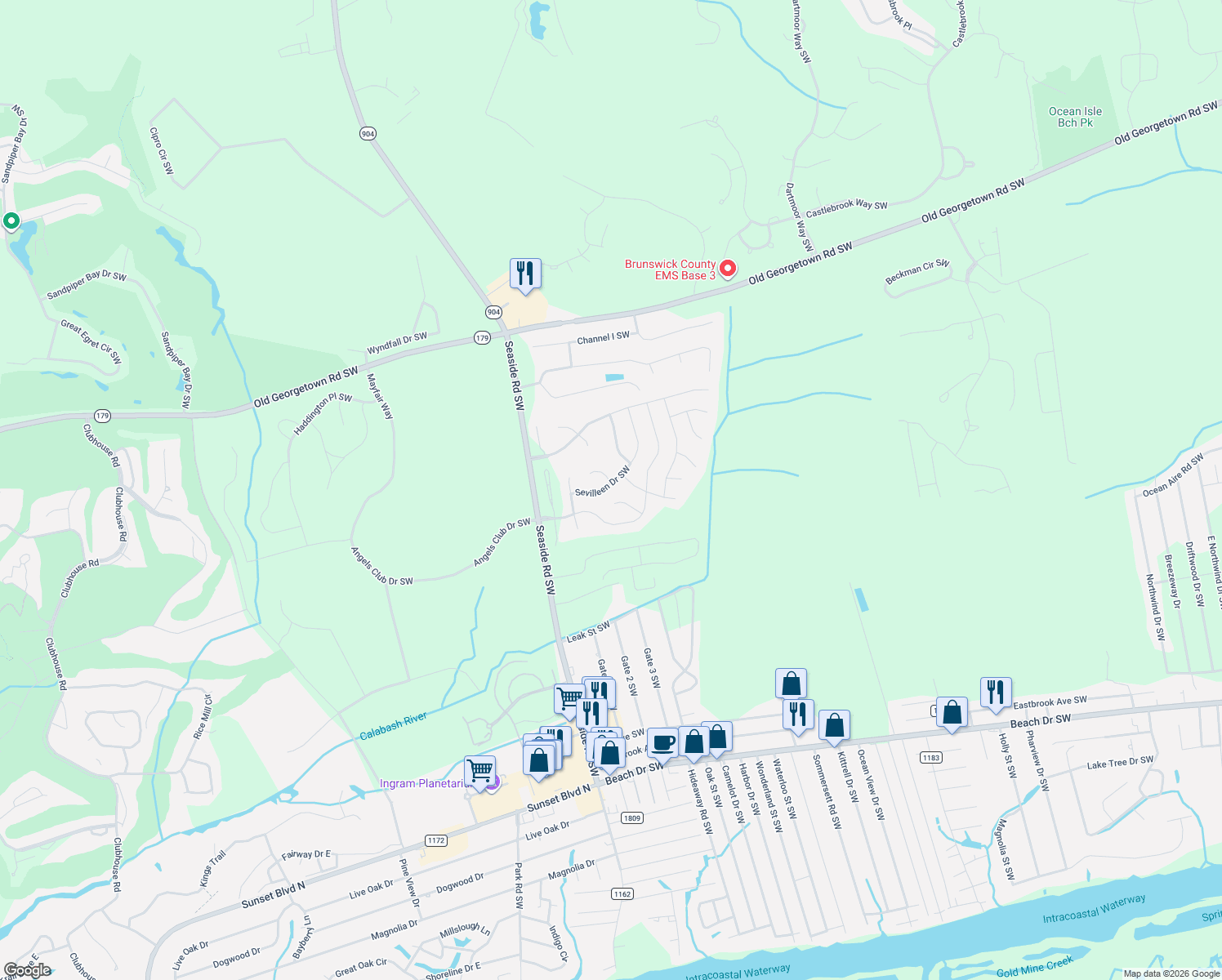 map of restaurants, bars, coffee shops, grocery stores, and more near 7100 Sevilleen Drive Southwest in Ocean Isle Beach
