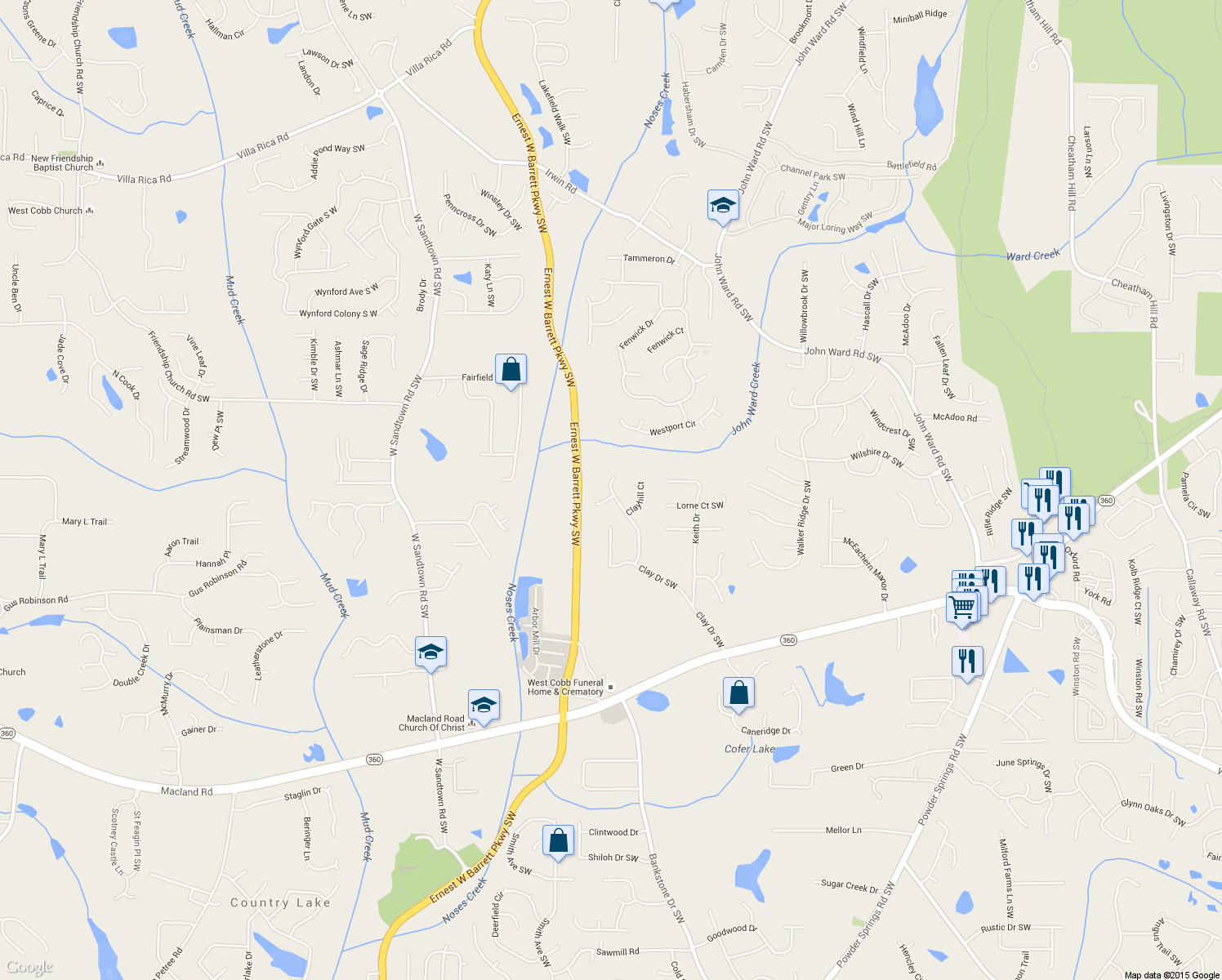 map of restaurants, bars, coffee shops, grocery stores, and more near 1750 Clayhill Pointe Southwest in Marietta