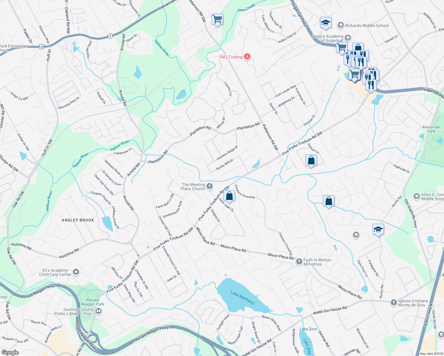 map of restaurants, bars, coffee shops, grocery stores, and more near 2130 Harrison Ridge Court in Lawrenceville